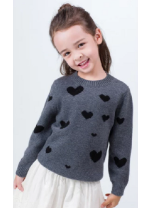 Custom Design Kid Girl Round Neck Grey Cashmere Sweater With Heart Pattern