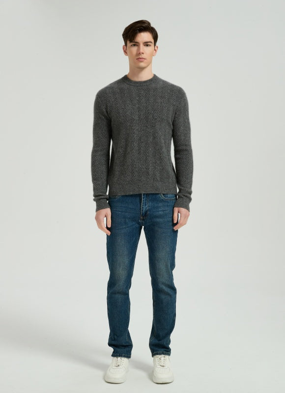 New Arrival Men's Dark Grey Chenron Pattern Silk Cashmere Pullover From Chinese Factory