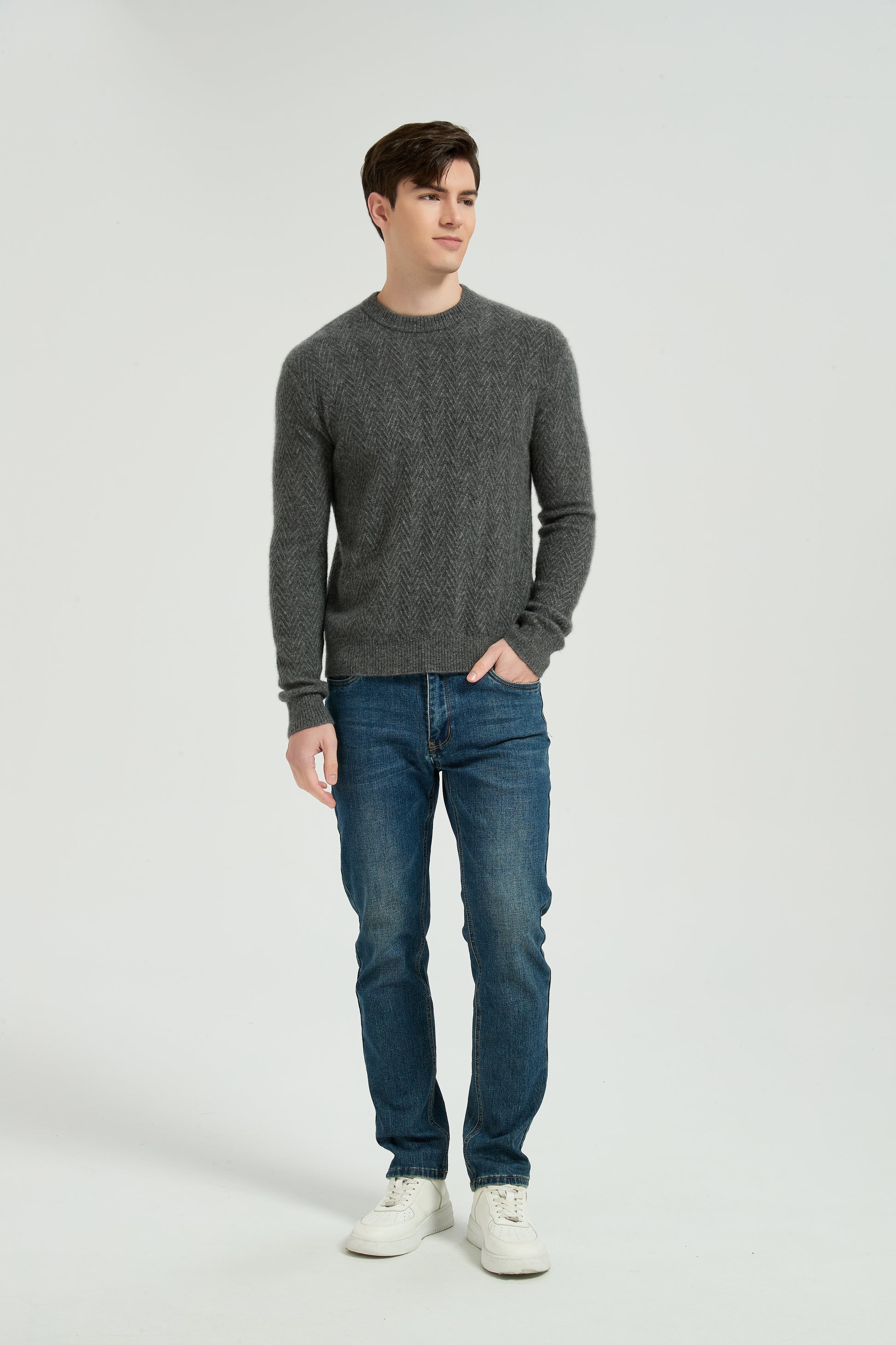 New Arrival Men's Dark Grey Chenron Pattern Silk Cashmere Pullover From Chinese Factory