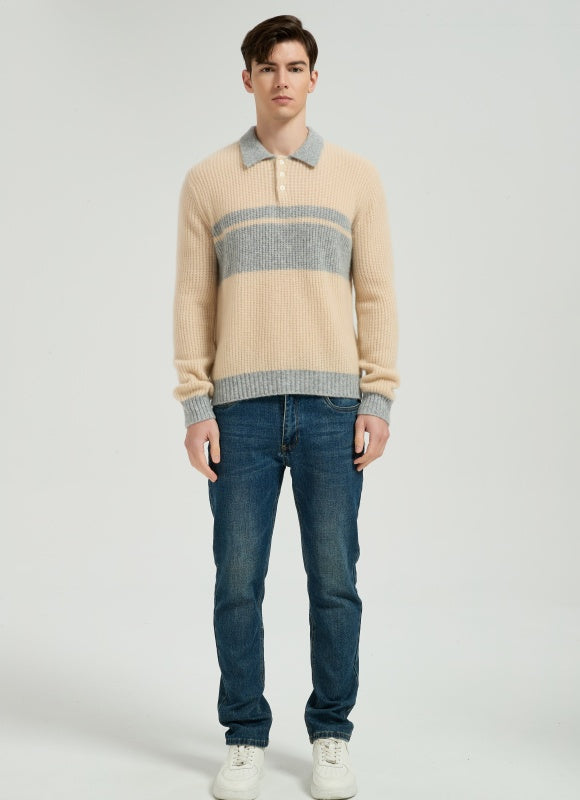 New Arrival Custom Design Men's Color Block Polo Collar Silk Cashmere From Chinese Manufacturer