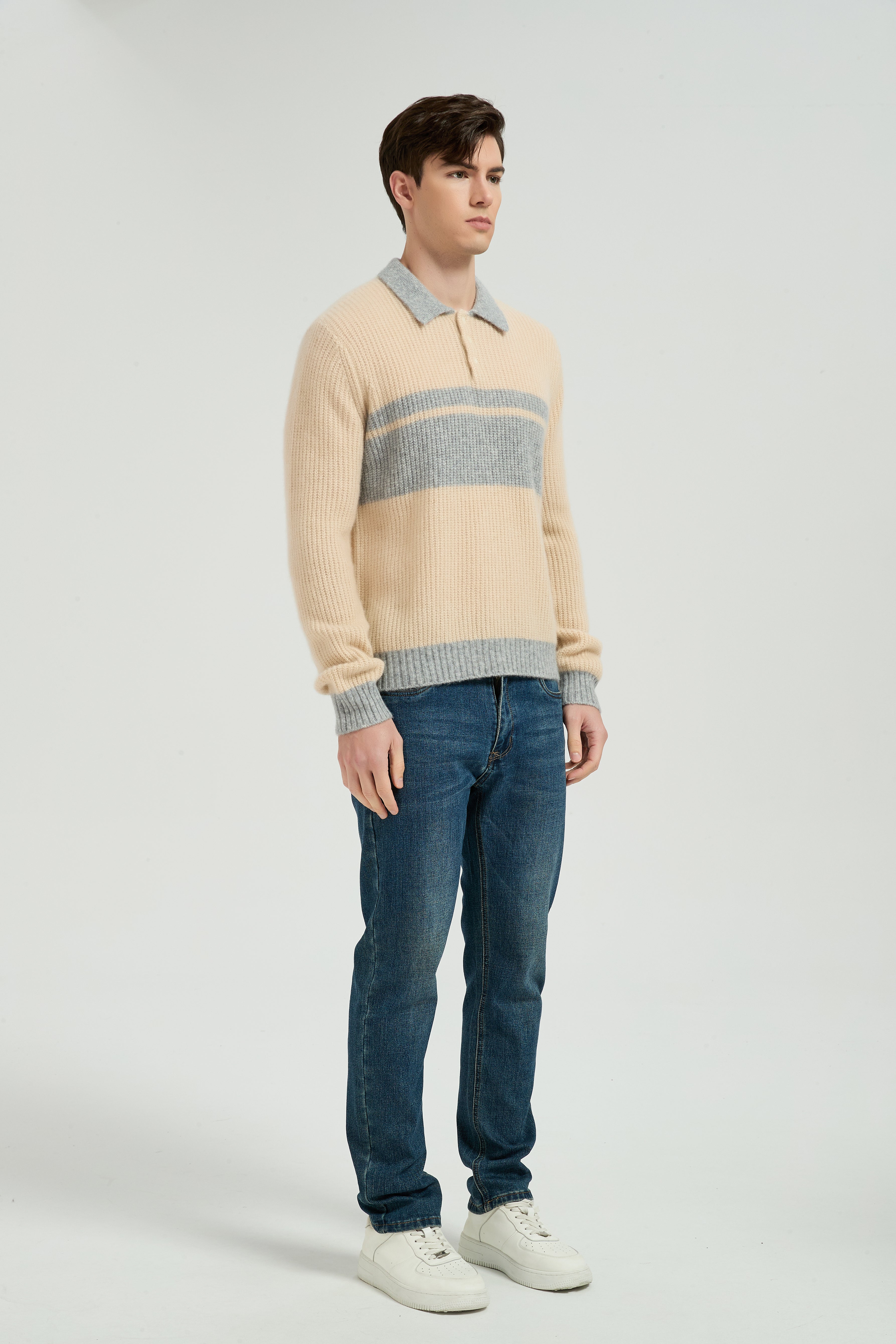 New Arrival Custom Design Men's Color Block Polo Collar Silk Cashmere From Chinese Manufacturer