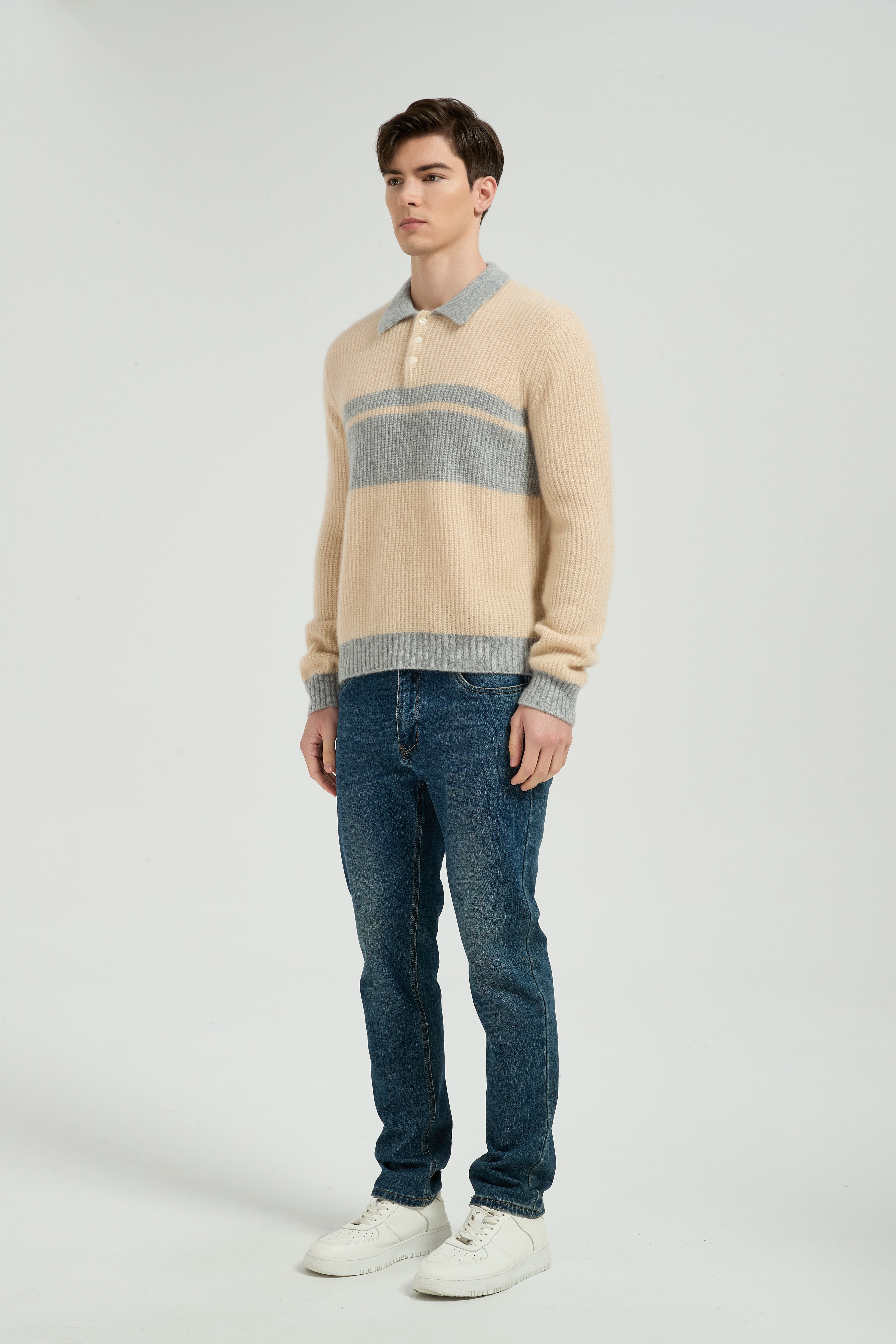 New Arrival Custom Design Men's Color Block Polo Collar Silk Cashmere From Chinese Manufacturer