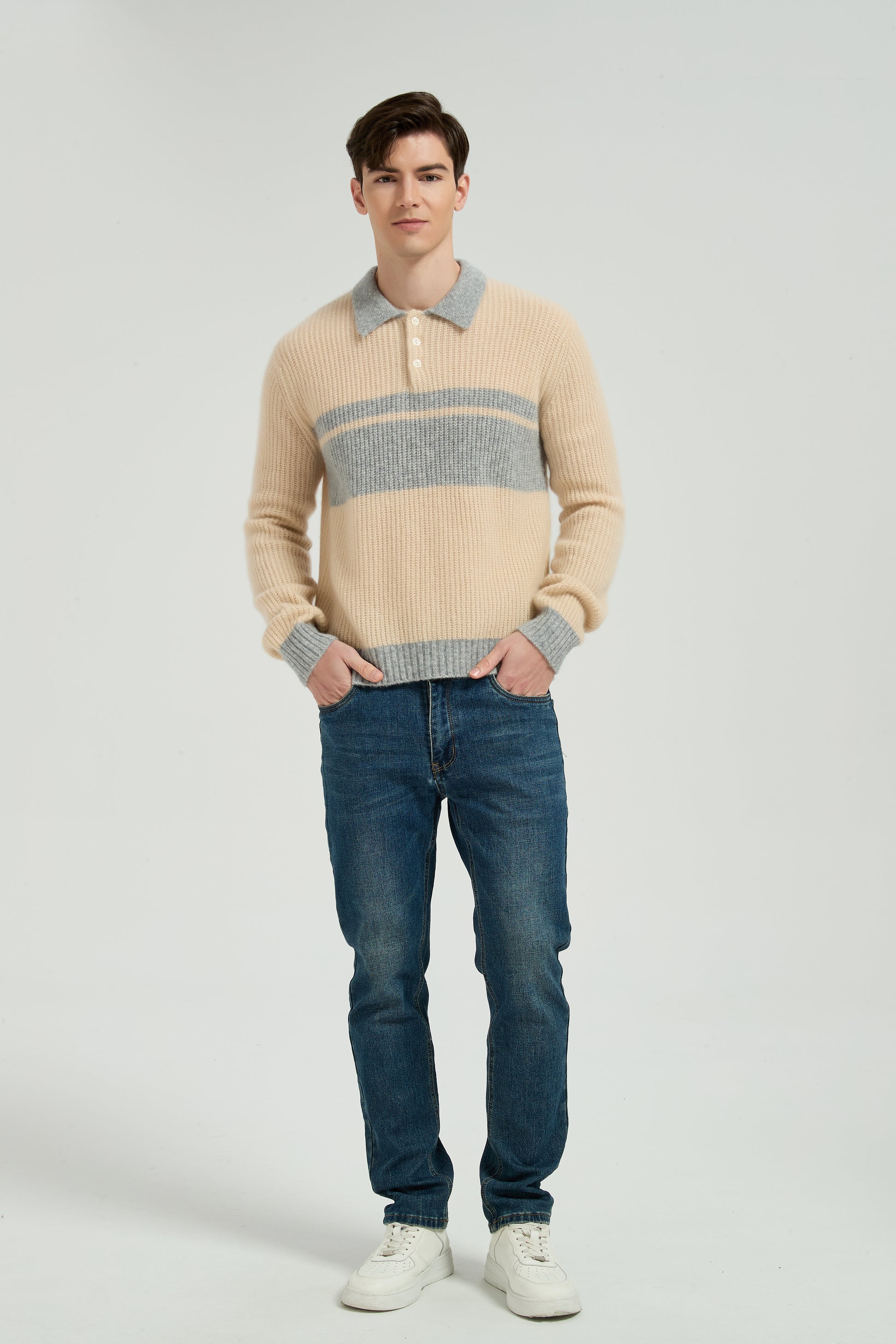 New Arrival Custom Design Men's Color Block Polo Collar Silk Cashmere From Chinese Manufacturer
