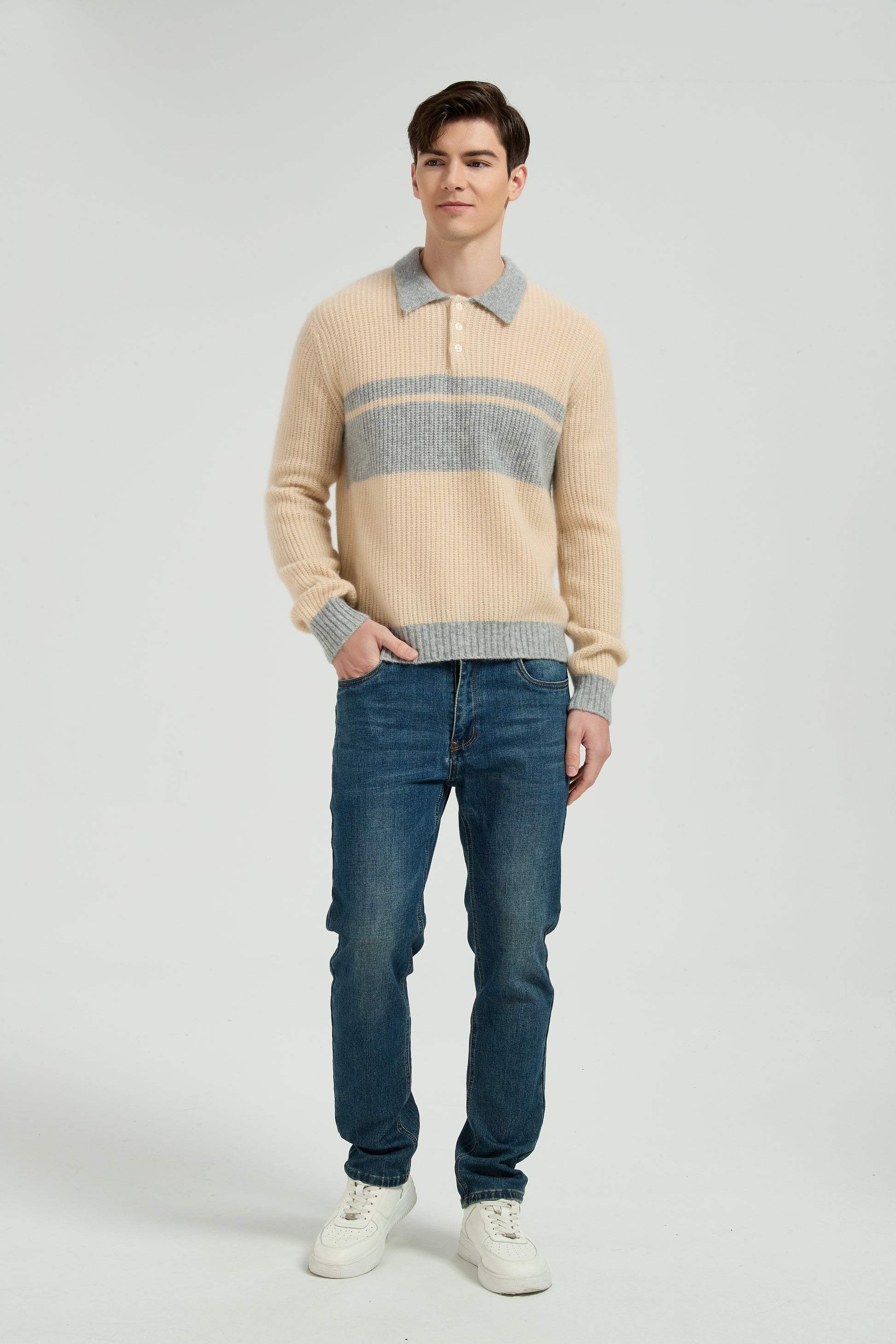 New Arrival Custom Design Men's Color Block Polo Collar Silk Cashmere From Chinese Manufacturer