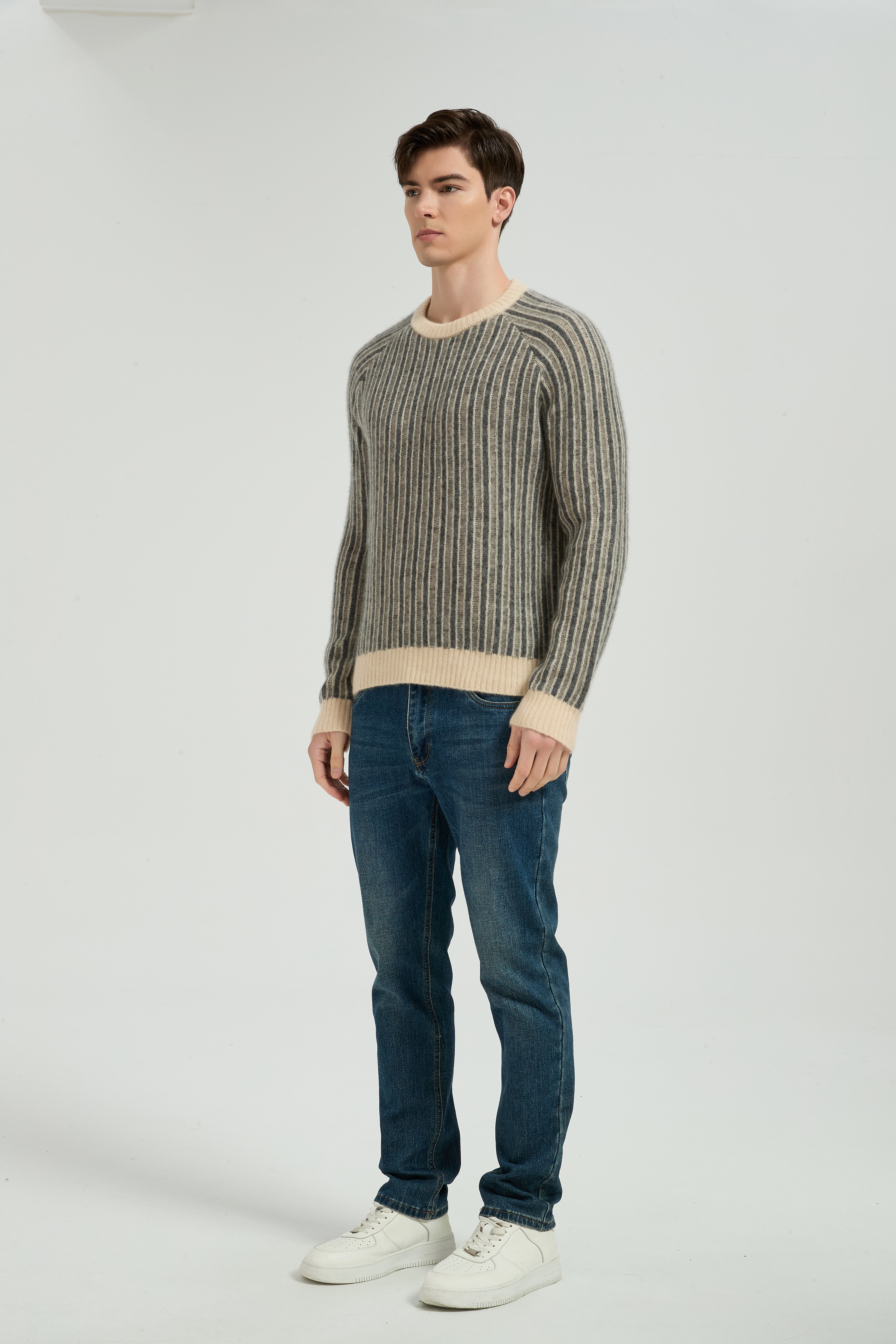 New Design Men's Crew Neck Vertical Striped Silk Cashmere From China