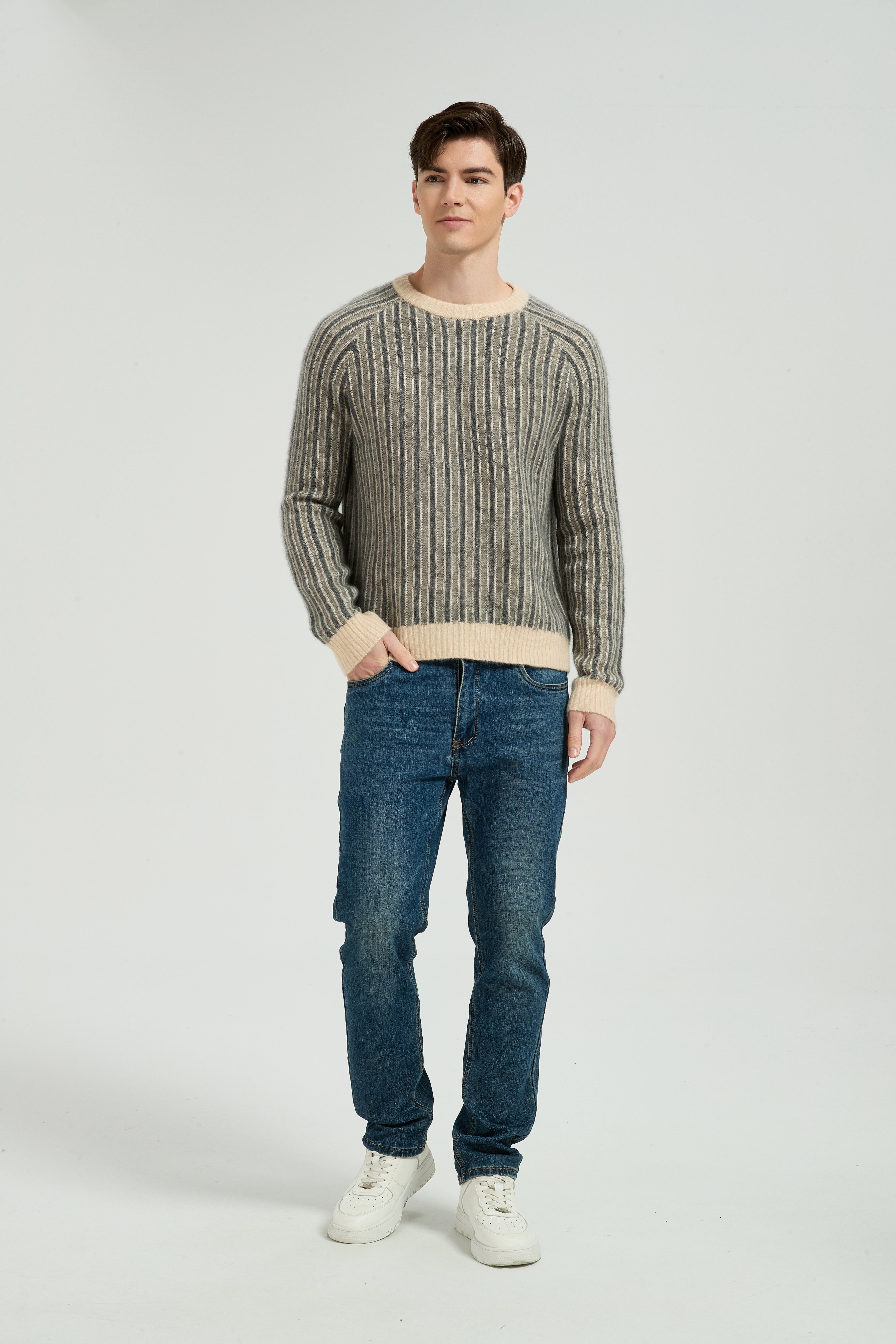 New Design Men's Crew Neck Vertical Striped Silk Cashmere From China