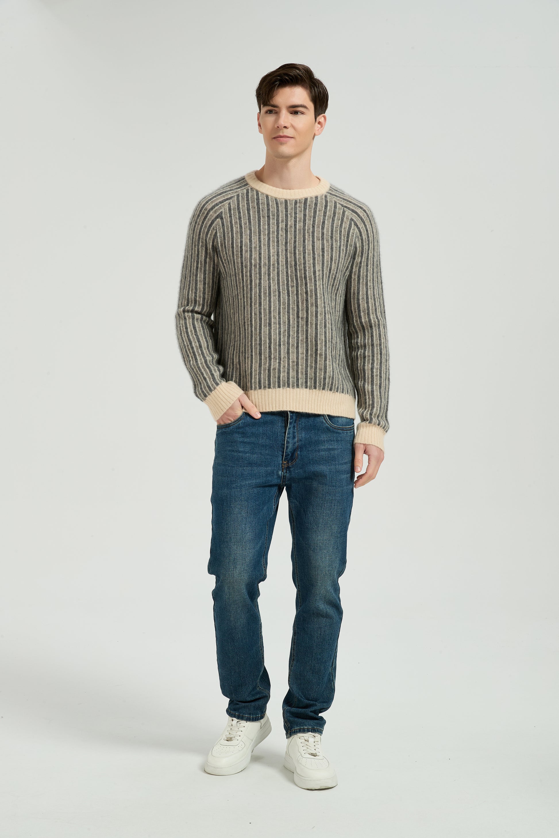 New Design Men's Crew Neck Vertical Striped Silk Cashmere From China