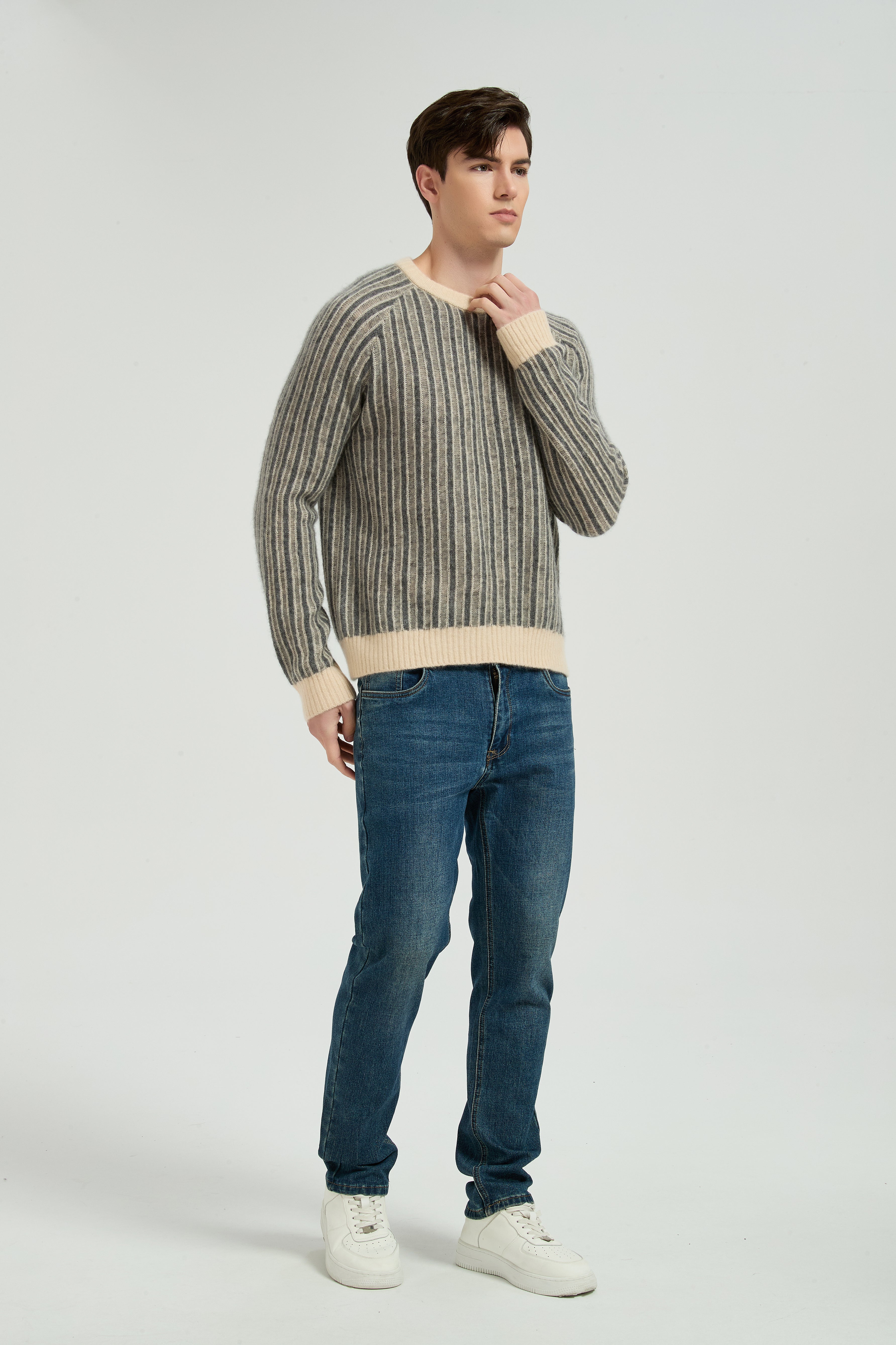 New Design Men's Crew Neck Vertical Striped Silk Cashmere From China