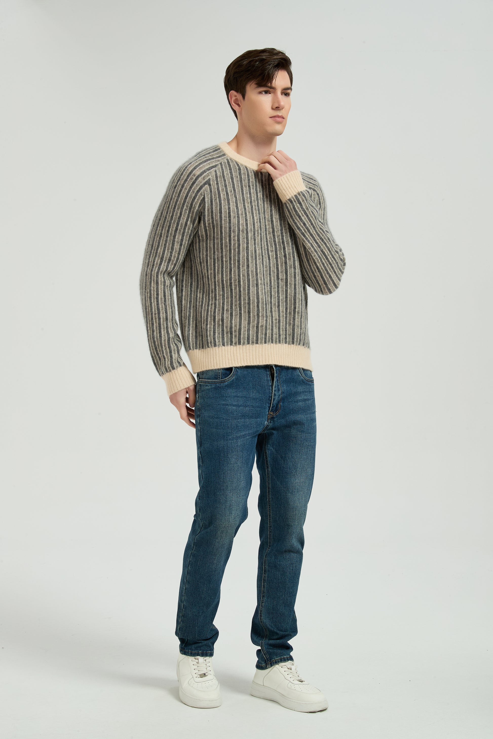 New Design Men's Crew Neck Vertical Striped Silk Cashmere From China