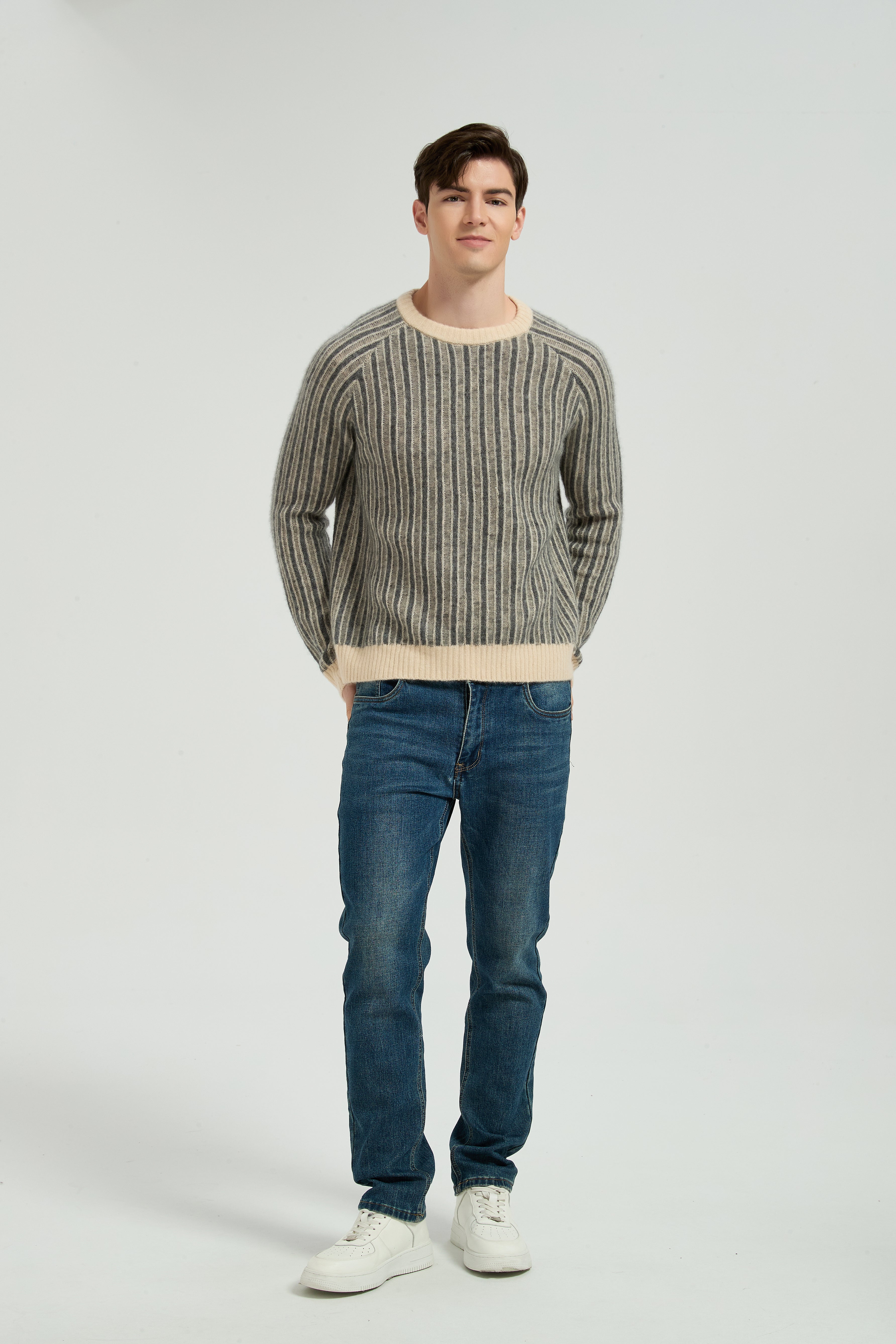 New Design Men's Crew Neck Vertical Striped Silk Cashmere From China