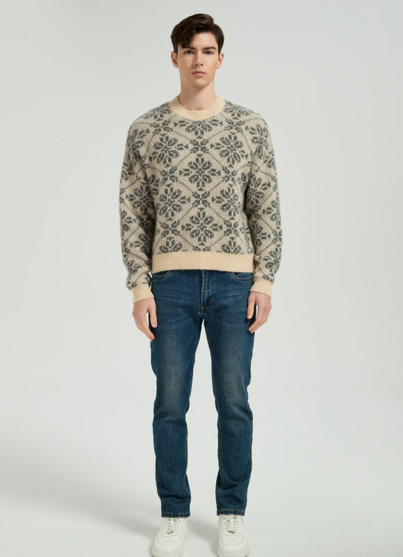 New Arrival High Quality Men's Classic Geometric Jacquard Silk Cashmere Crewneck From Chinese Factory