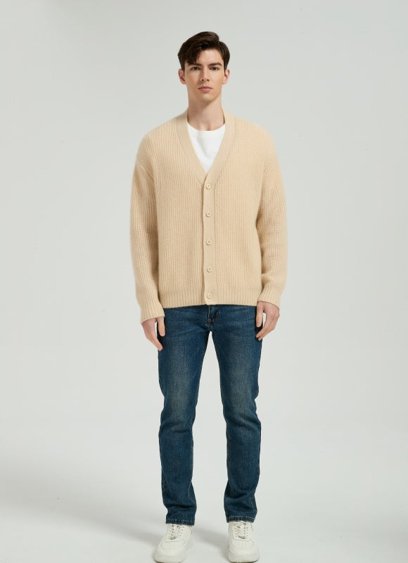 OEM Men's V-Neck Ribbed Button-Up Silk Cashmere Cardigan From Chinese Manufacturer