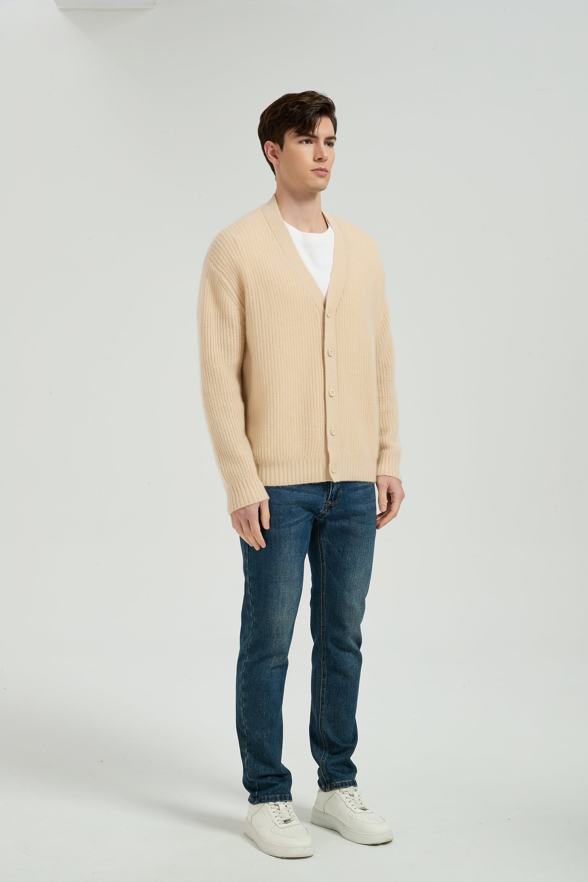 OEM Men's V-Neck Ribbed Button-Up Silk Cashmere Cardigan From Chinese Manufacturer