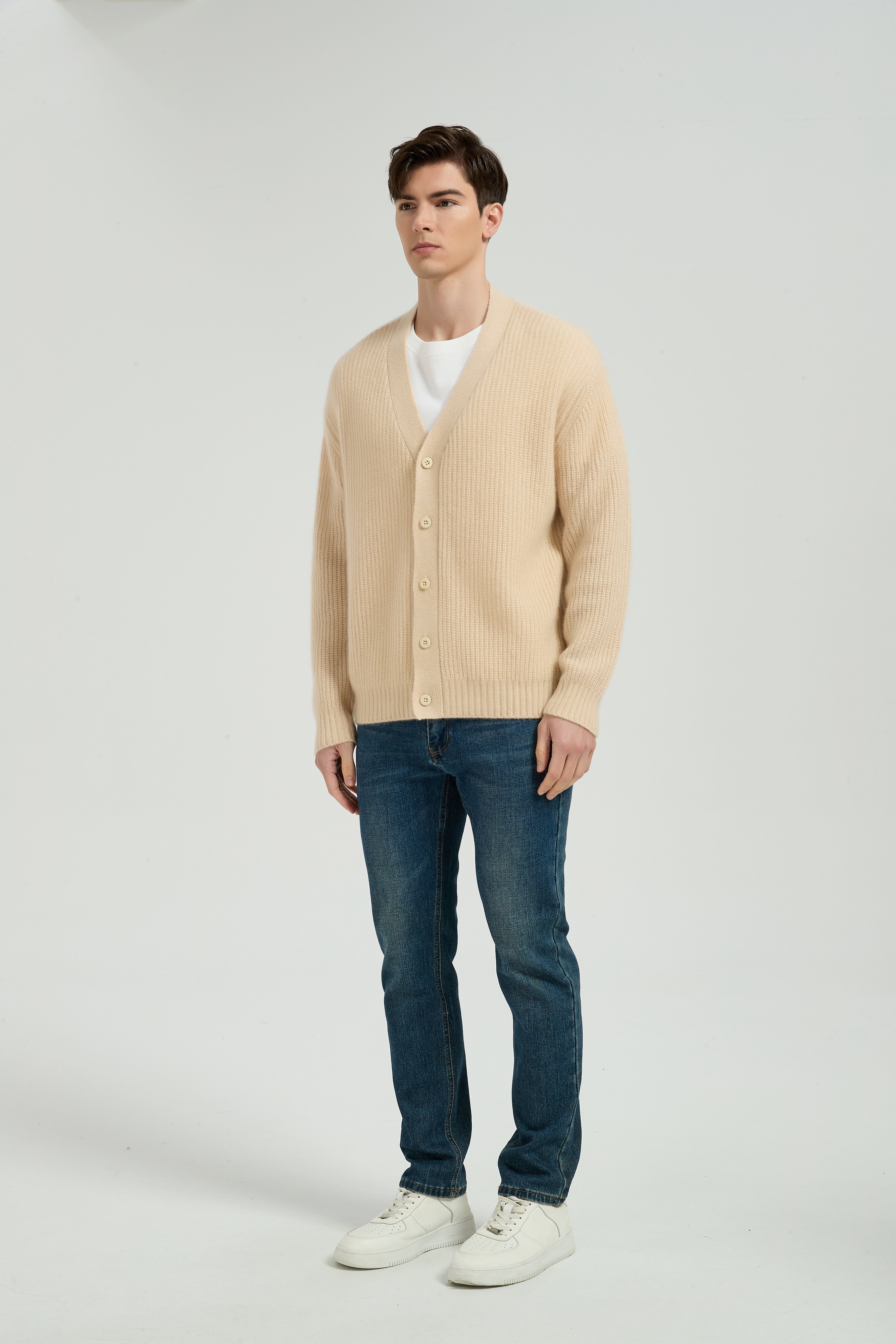 OEM Men's V-Neck Ribbed Button-Up Silk Cashmere Cardigan From Chinese Manufacturer