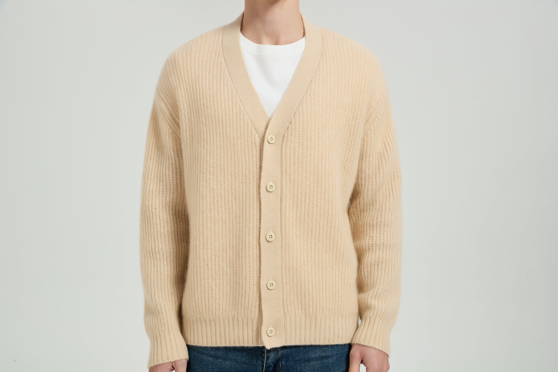 OEM Men's V-Neck Ribbed Button-Up Silk Cashmere Cardigan From Chinese Manufacturer