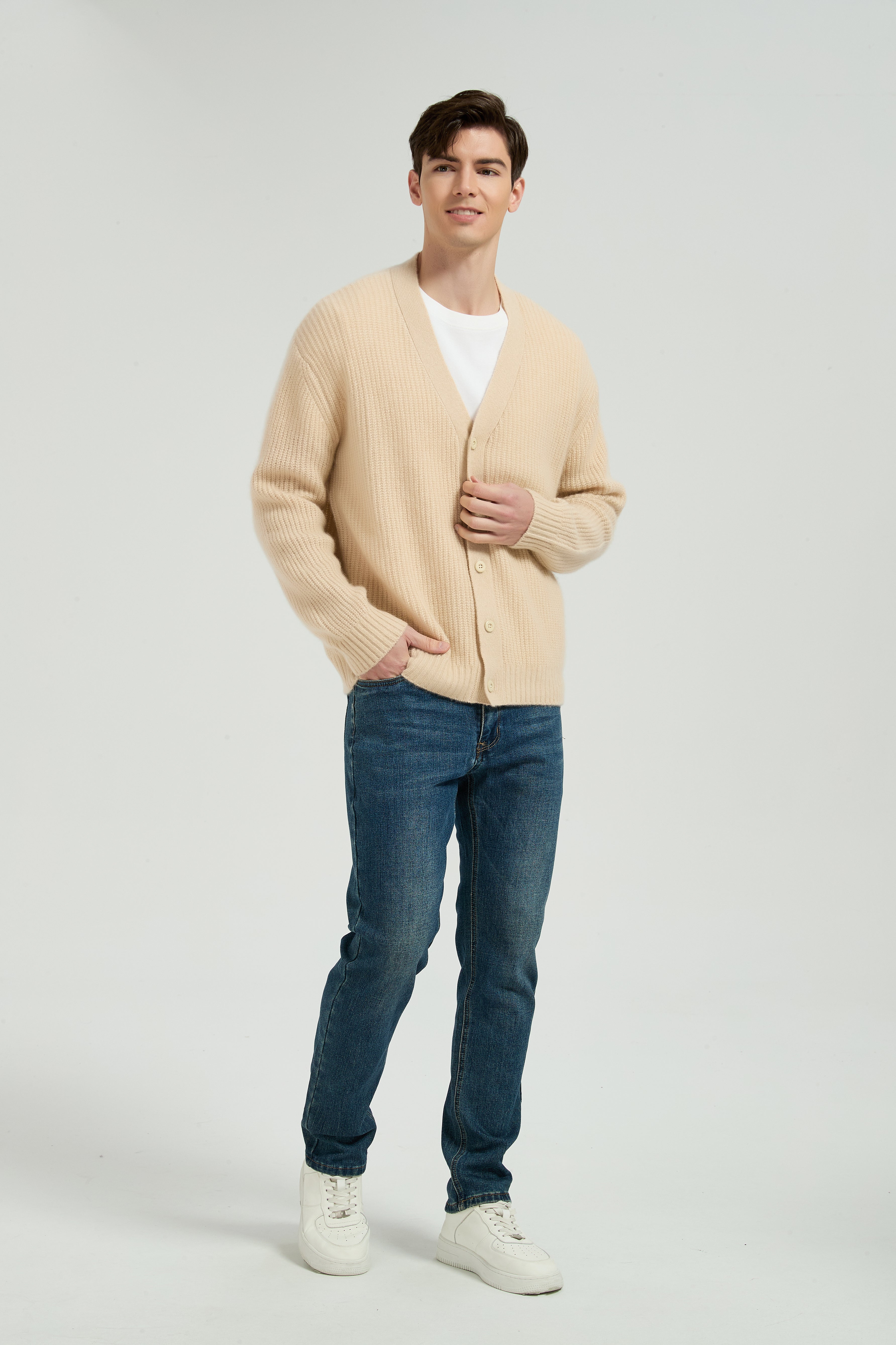 OEM Men's V-Neck Ribbed Button-Up Silk Cashmere Cardigan From Chinese Manufacturer