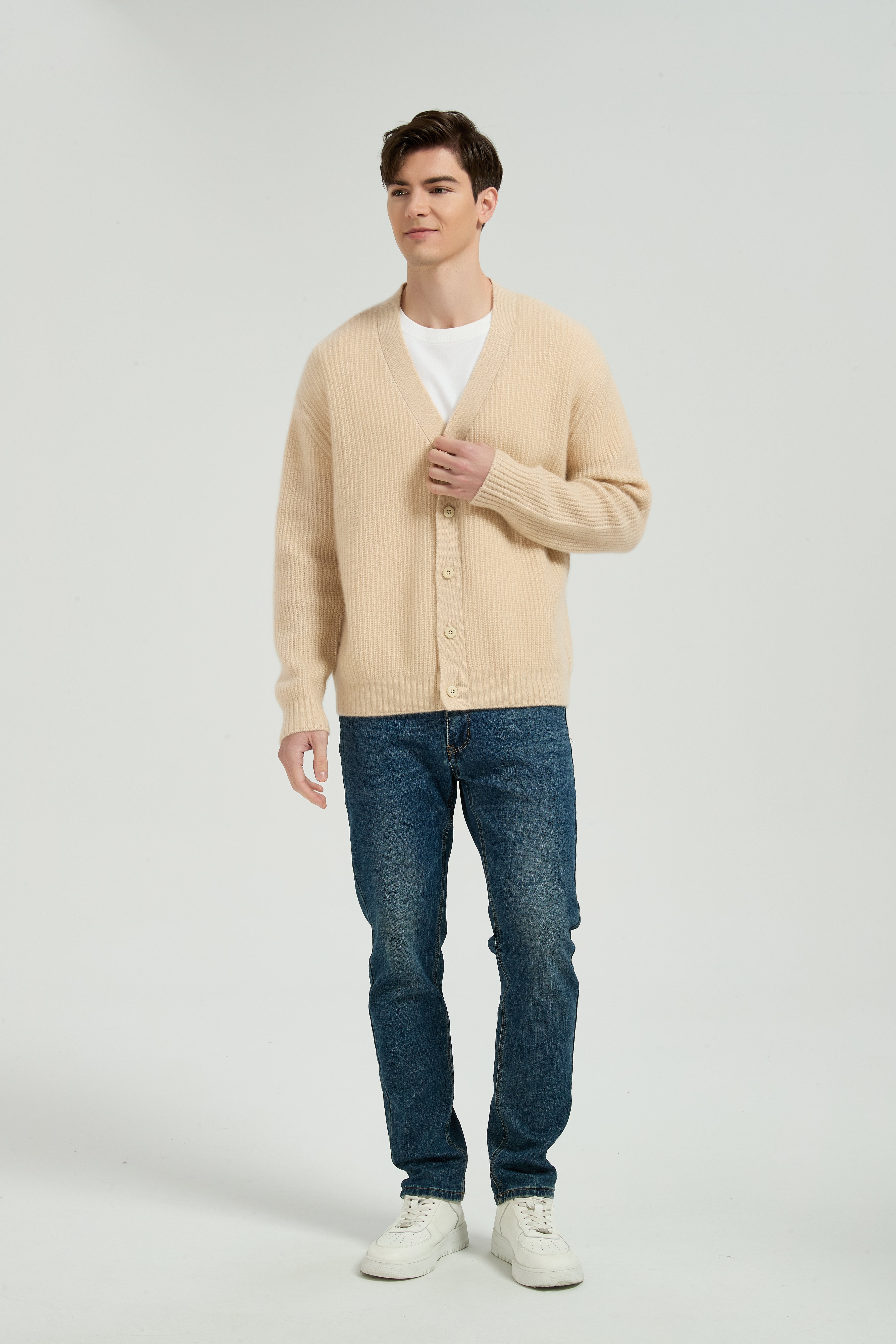 OEM Men's V-Neck Ribbed Button-Up Silk Cashmere Cardigan From Chinese Manufacturer