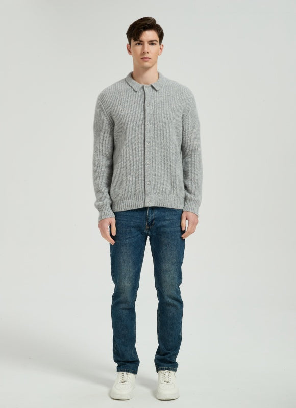 New Arrival Wholesale Men's Light Grey Waffle-Knit Collared Silk Cashmere Cardigan From China