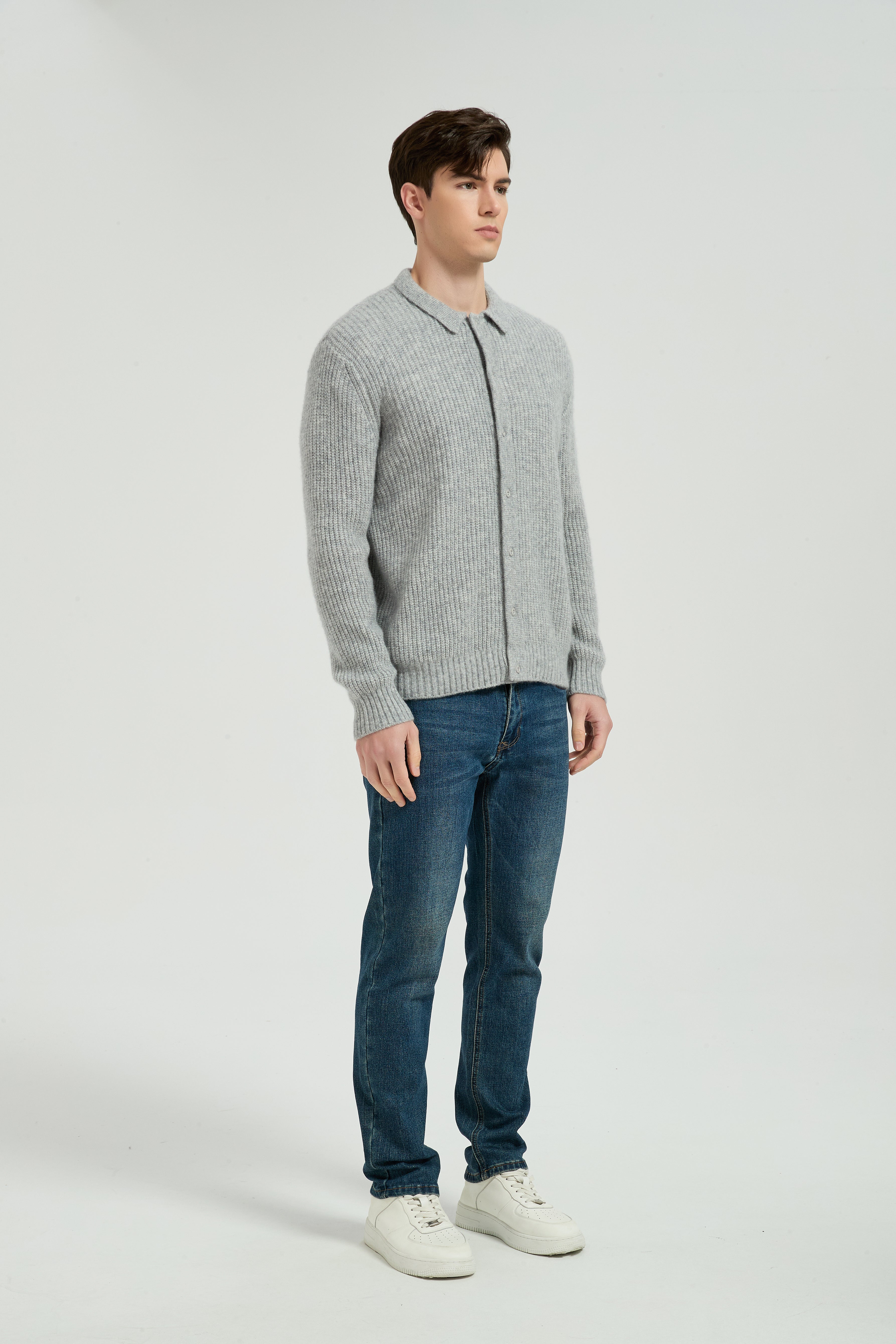 New Arrival Wholesale Men's Light Grey Waffle-Knit Collared Silk Cashmere Cardigan From China