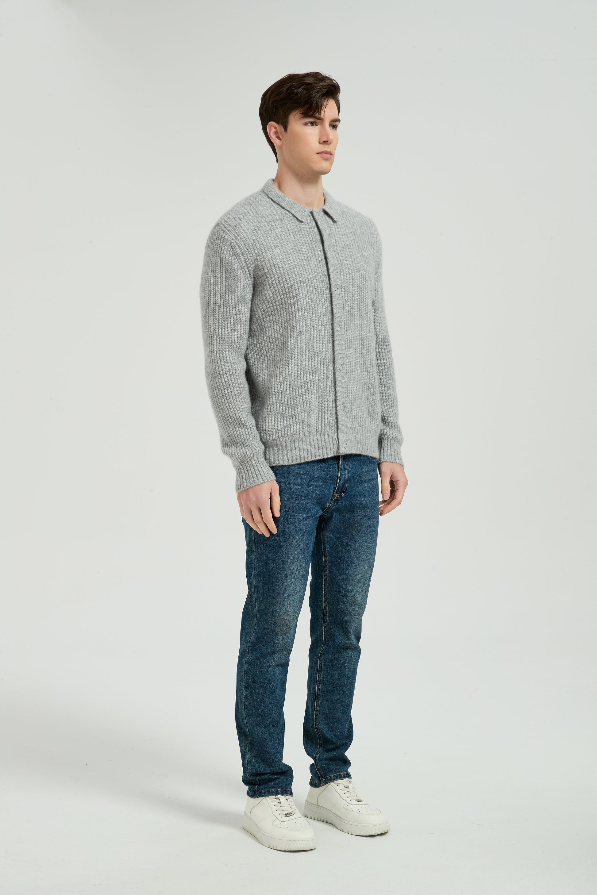 New Arrival Wholesale Men's Light Grey Waffle-Knit Collared Silk Cashmere Cardigan From China