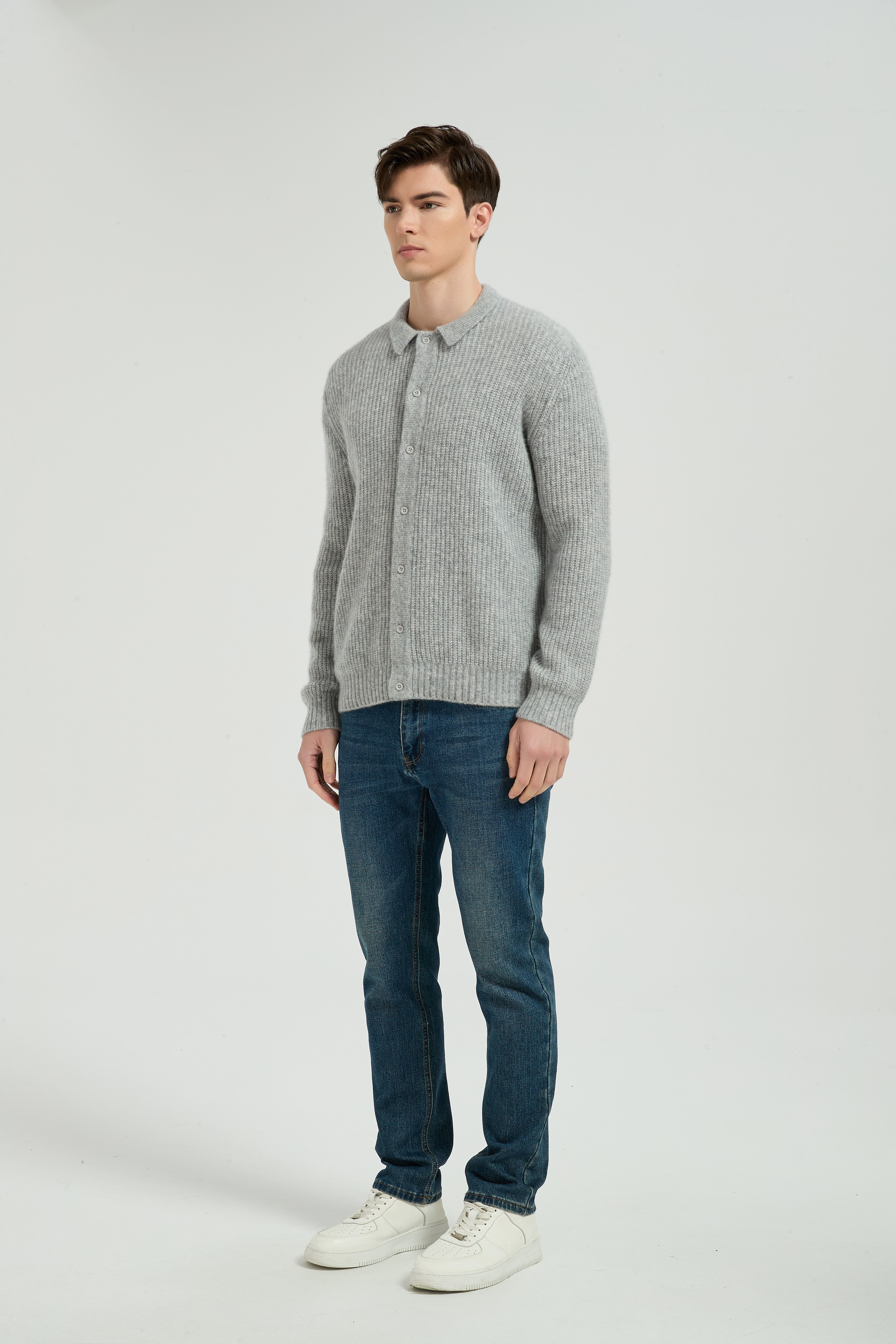 New Arrival Wholesale Men's Light Grey Waffle-Knit Collared Silk Cashmere Cardigan From China