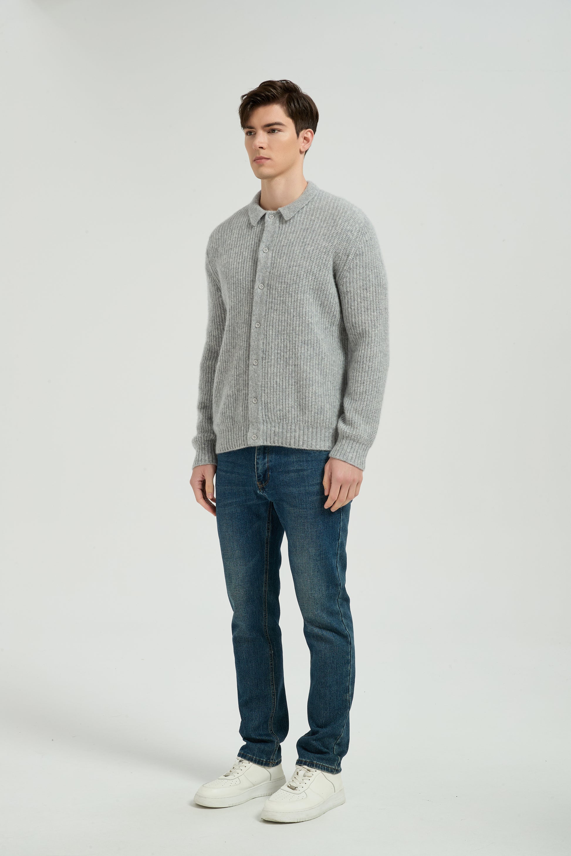 New Arrival Wholesale Men's Light Grey Waffle-Knit Collared Silk Cashmere Cardigan From China