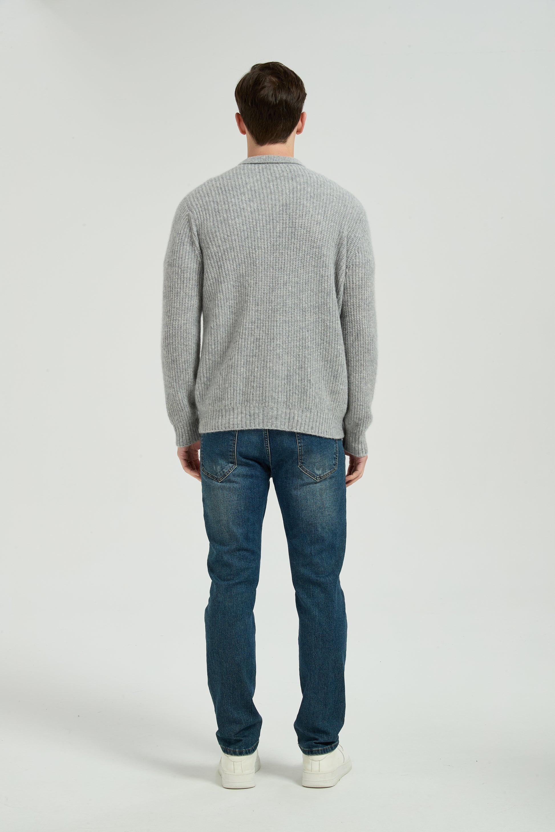 New Arrival Wholesale Men's Light Grey Waffle-Knit Collared Silk Cashmere Cardigan From China