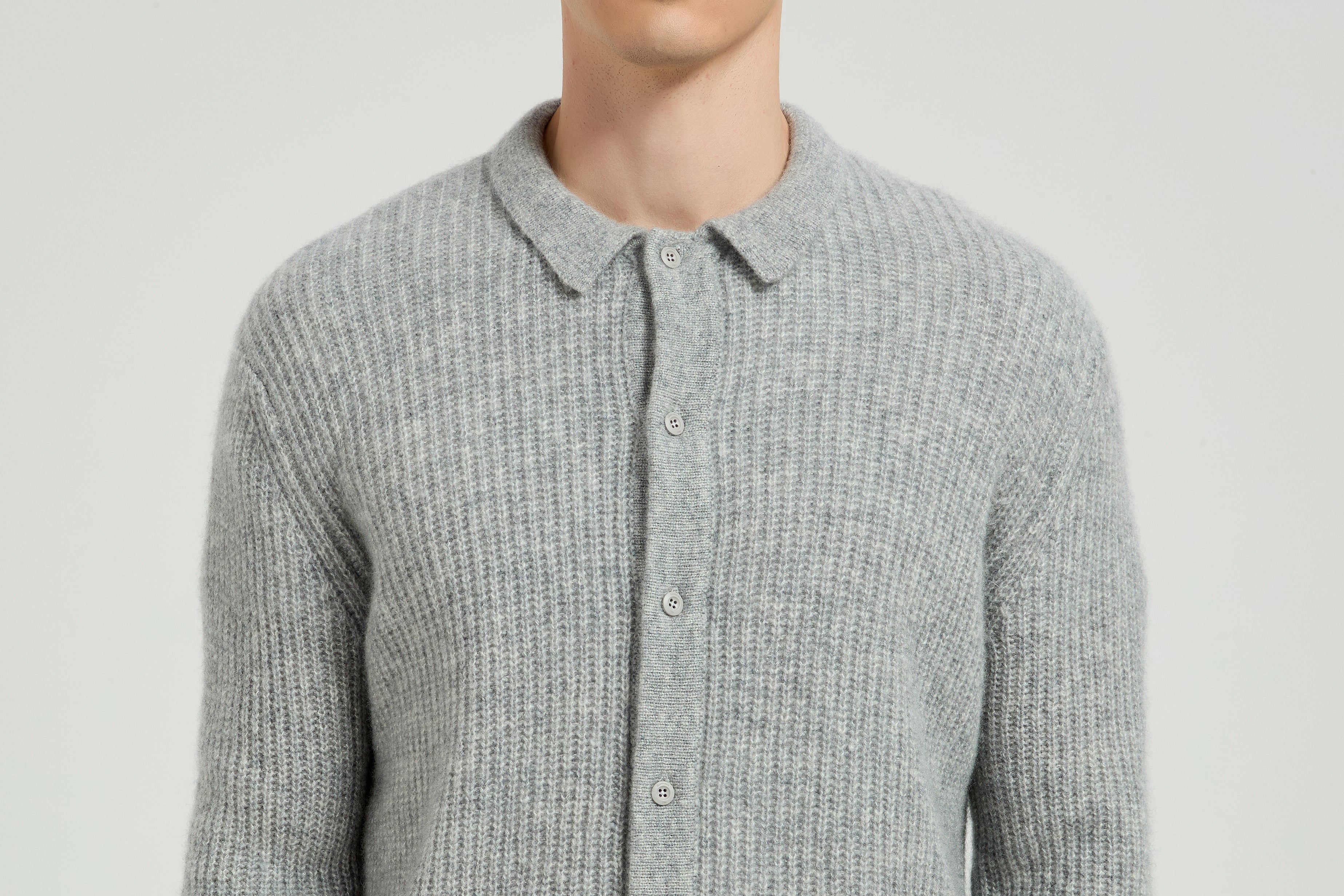New Arrival Wholesale Men's Light Grey Waffle-Knit Collared Silk Cashmere Cardigan From China