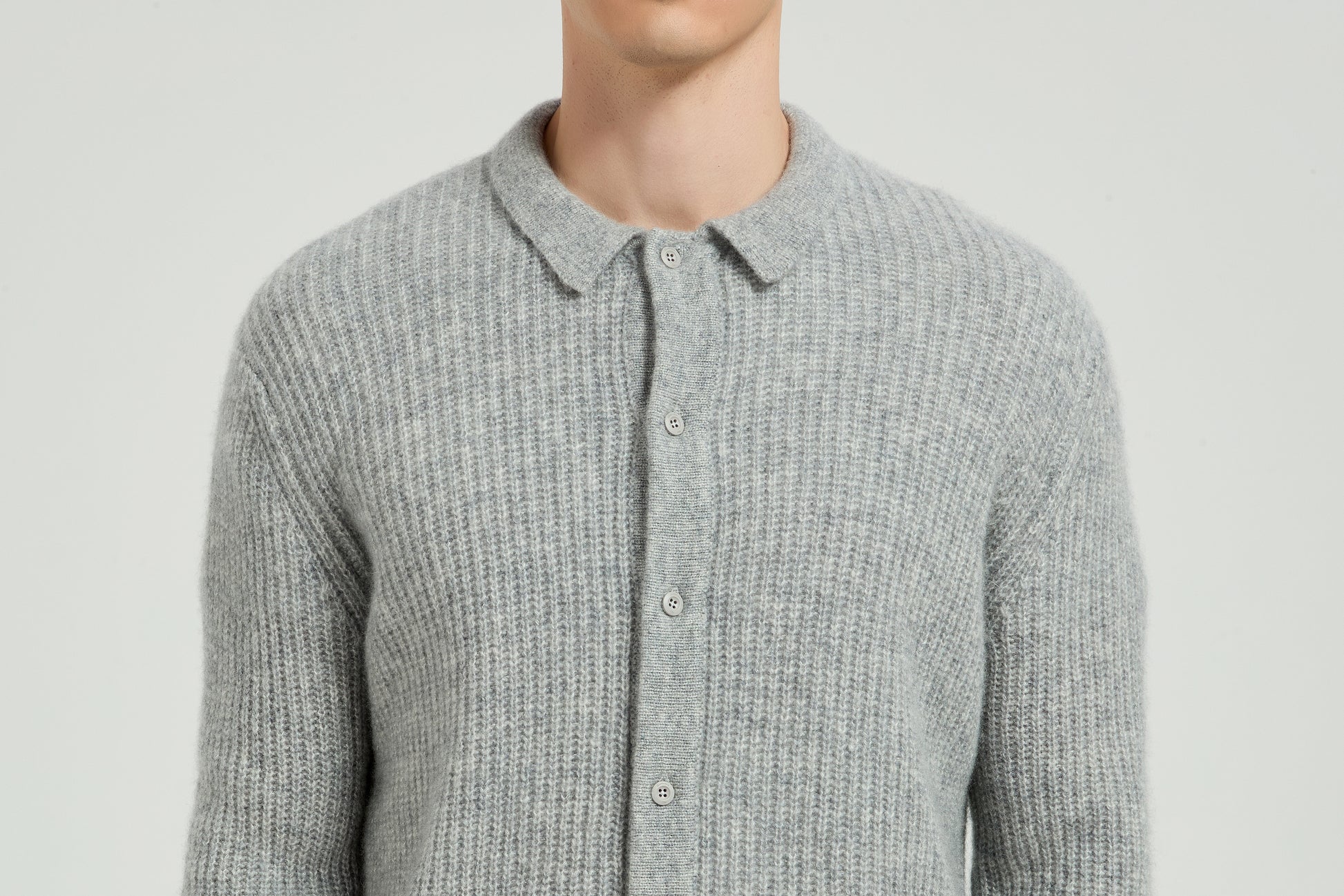 New Arrival Wholesale Men's Light Grey Waffle-Knit Collared Silk Cashmere Cardigan From China