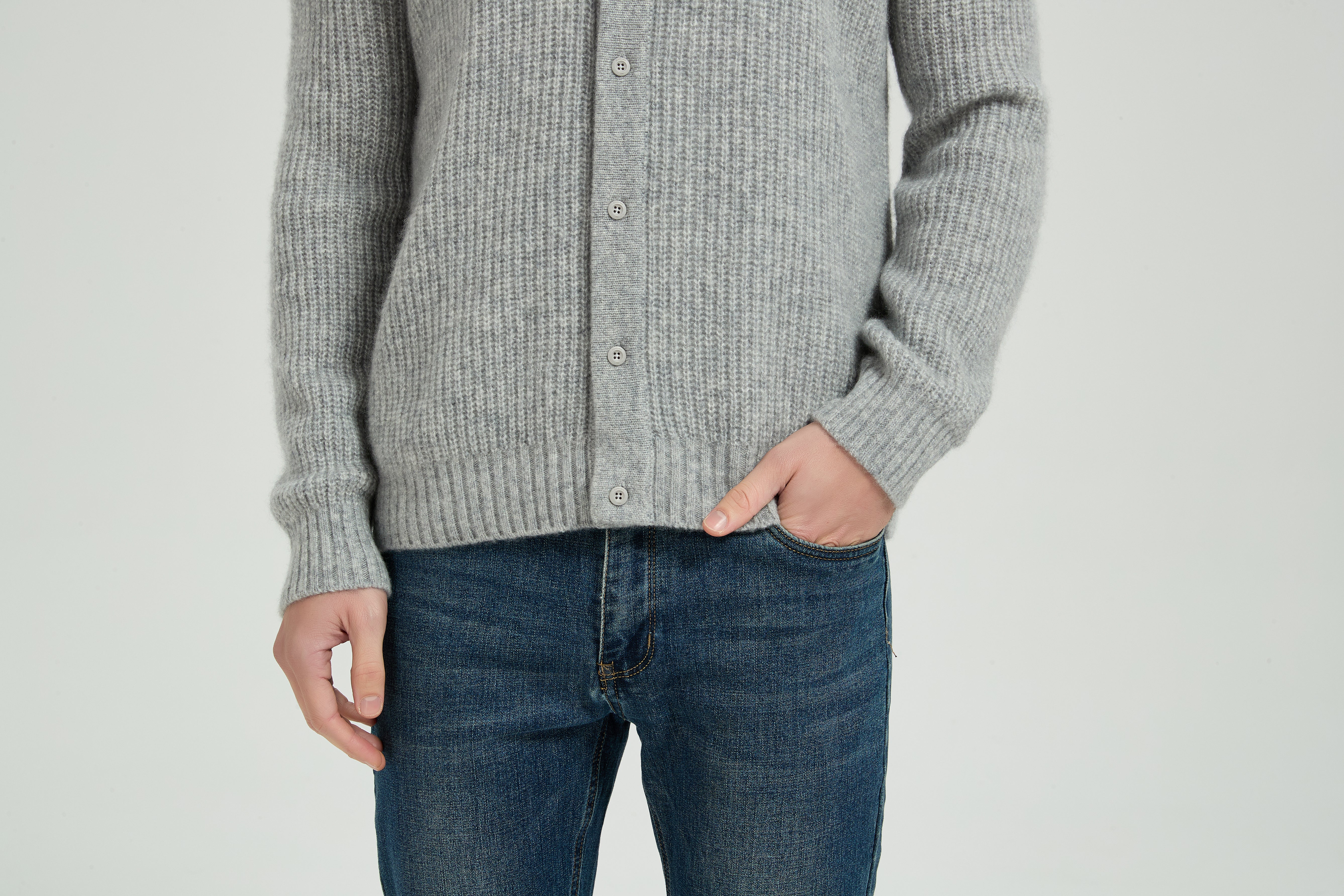 New Arrival Wholesale Men's Light Grey Waffle-Knit Collared Silk Cashmere Cardigan From China
