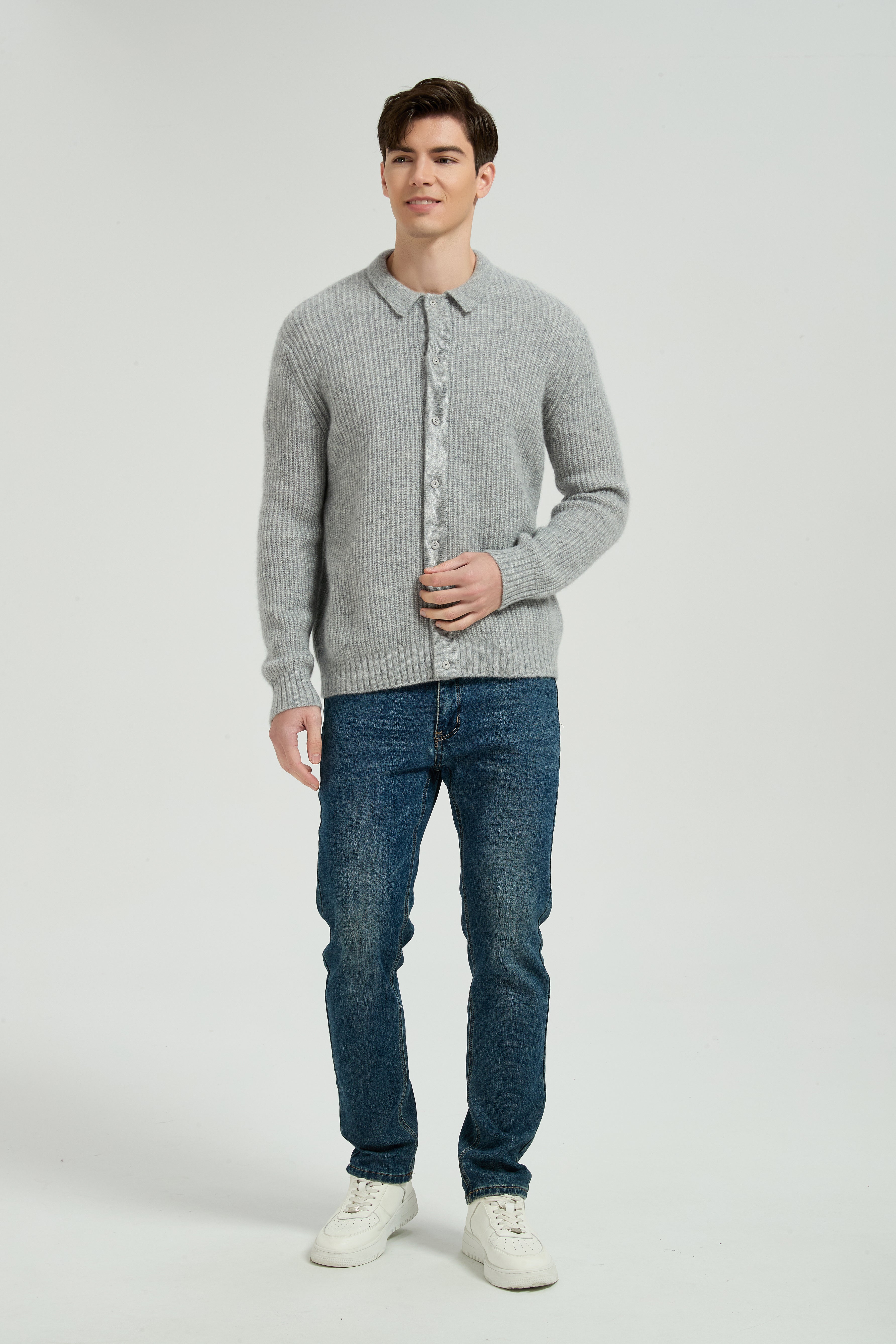 New Arrival Wholesale Men's Light Grey Waffle-Knit Collared Silk Cashmere Cardigan From China