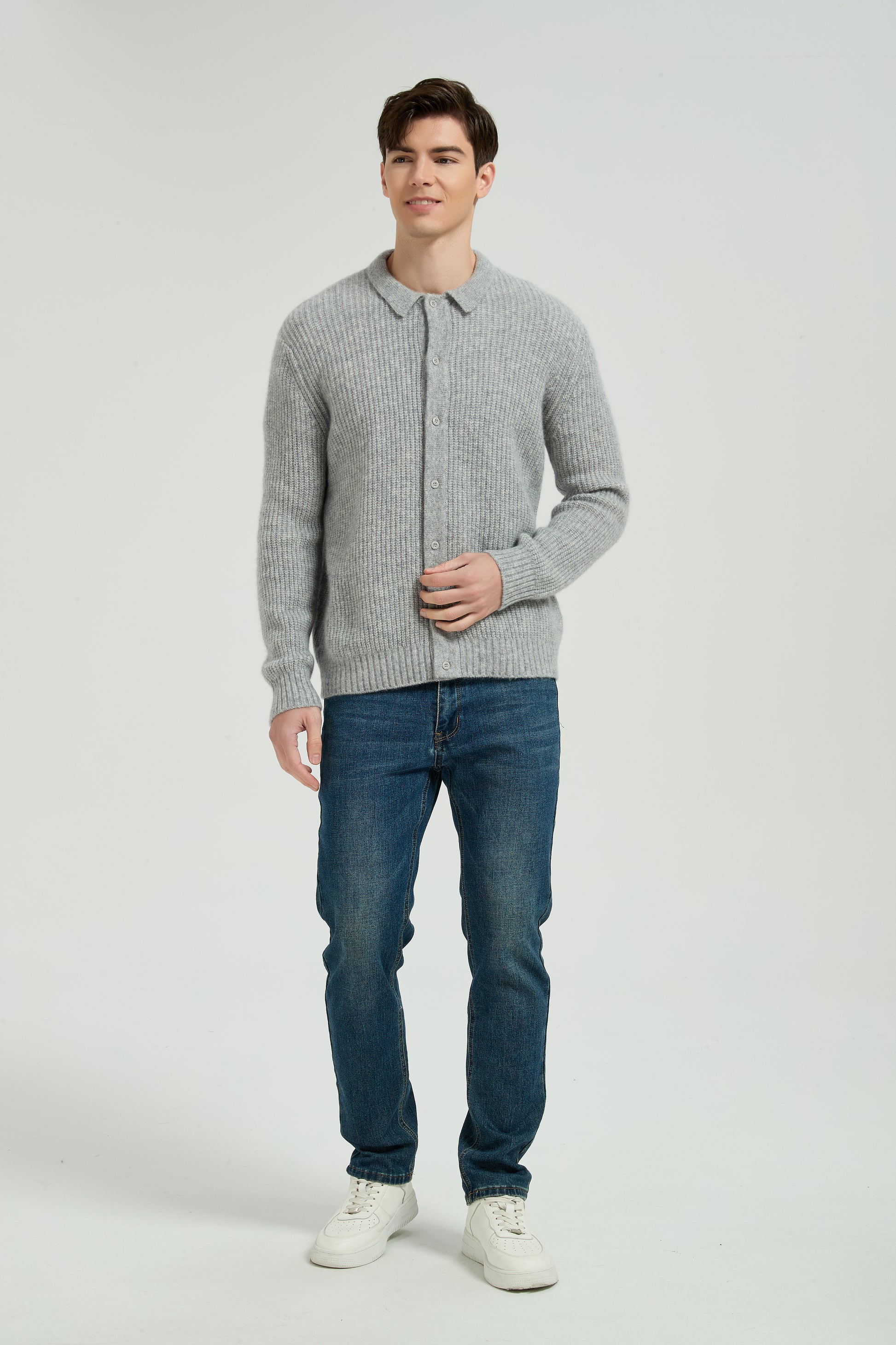 New Arrival Wholesale Men's Light Grey Waffle-Knit Collared Silk Cashmere Cardigan From China