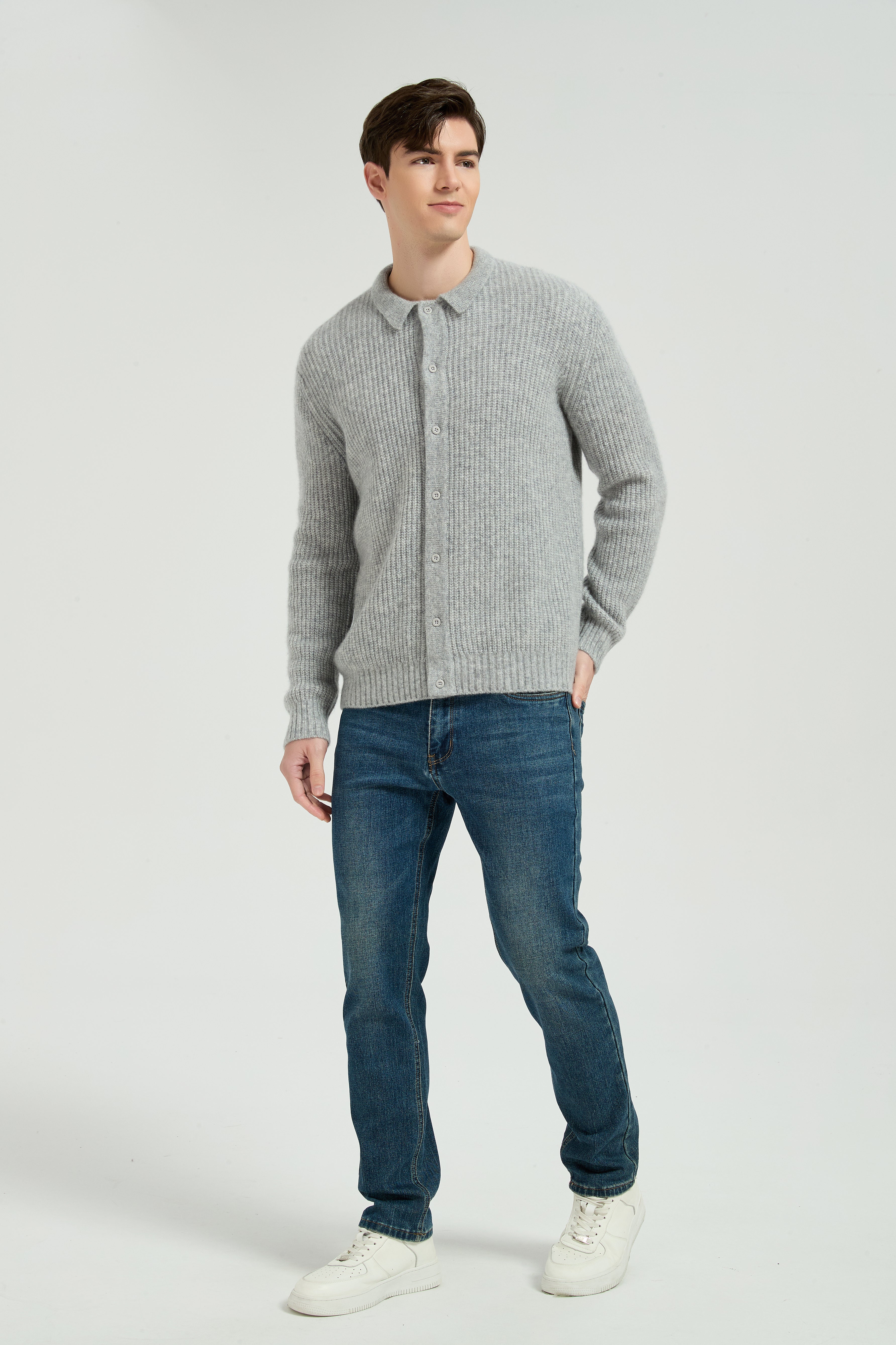 New Arrival Wholesale Men's Light Grey Waffle-Knit Collared Silk Cashmere Cardigan From China