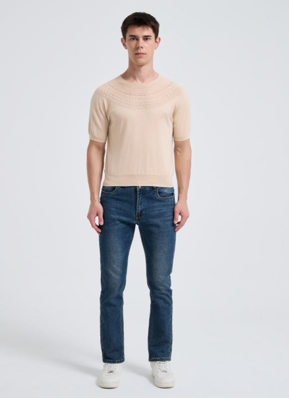New Arrival Men's Crew Neck Hollow Pattern Worsted Silk Cashmere Sweater From Chinese Supplier
