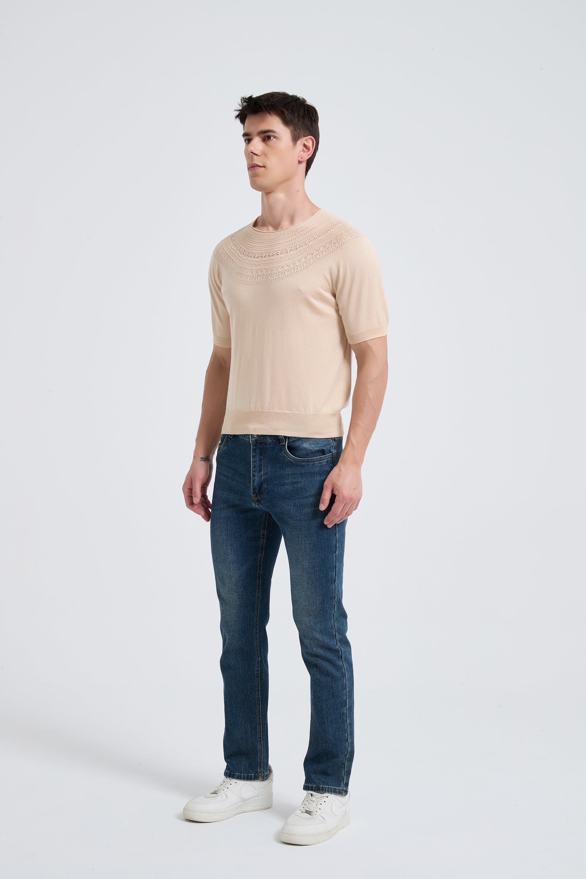New Arrival Men's Crew Neck Hollow Pattern Worsted Silk Cashmere Sweater From Chinese Supplier