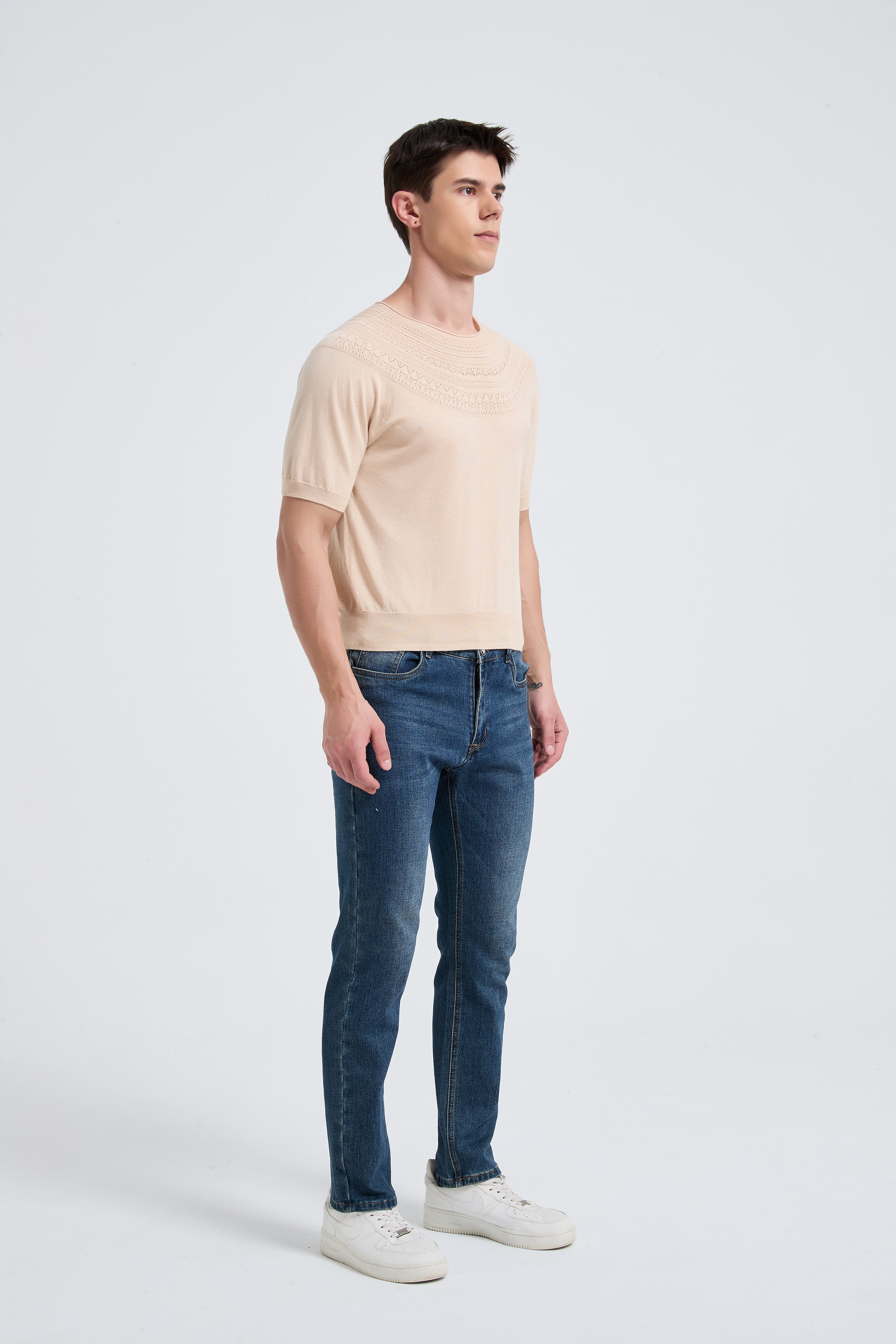 New Arrival Men's Crew Neck Hollow Pattern Worsted Silk Cashmere Sweater From Chinese Supplier