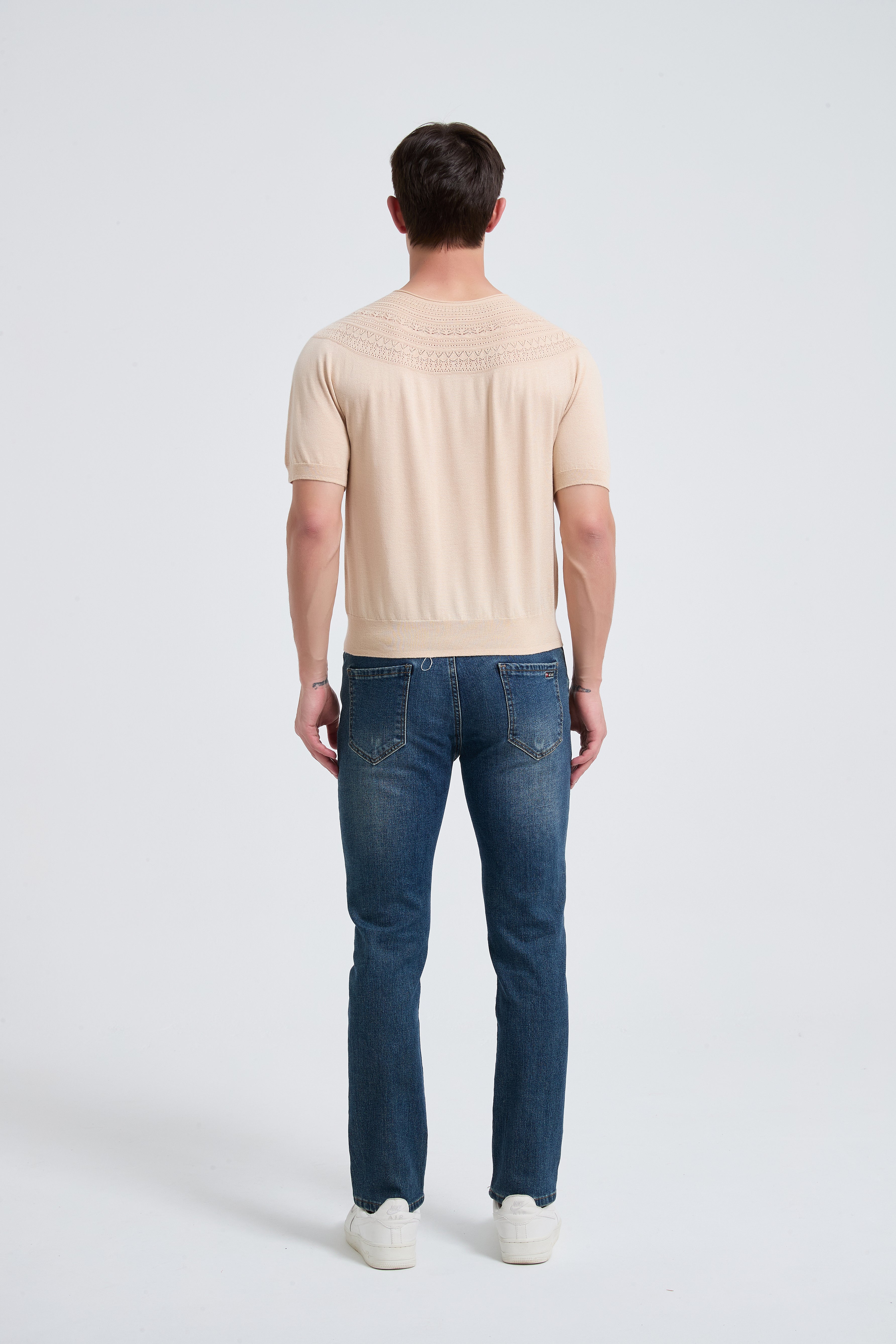 New Arrival Men's Crew Neck Hollow Pattern Worsted Silk Cashmere Sweater From Chinese Supplier