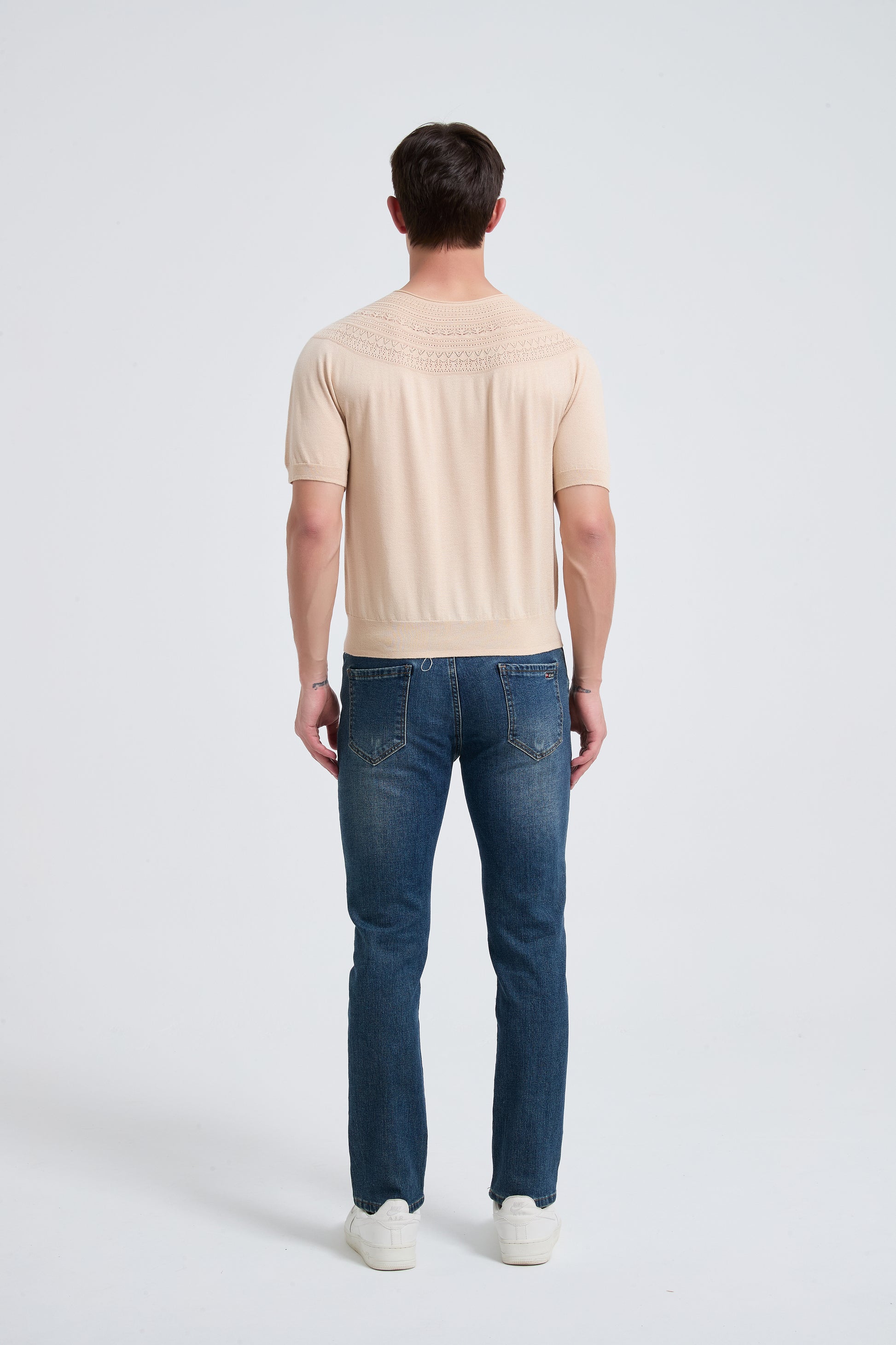 New Arrival Men's Crew Neck Hollow Pattern Worsted Silk Cashmere Sweater From Chinese Supplier