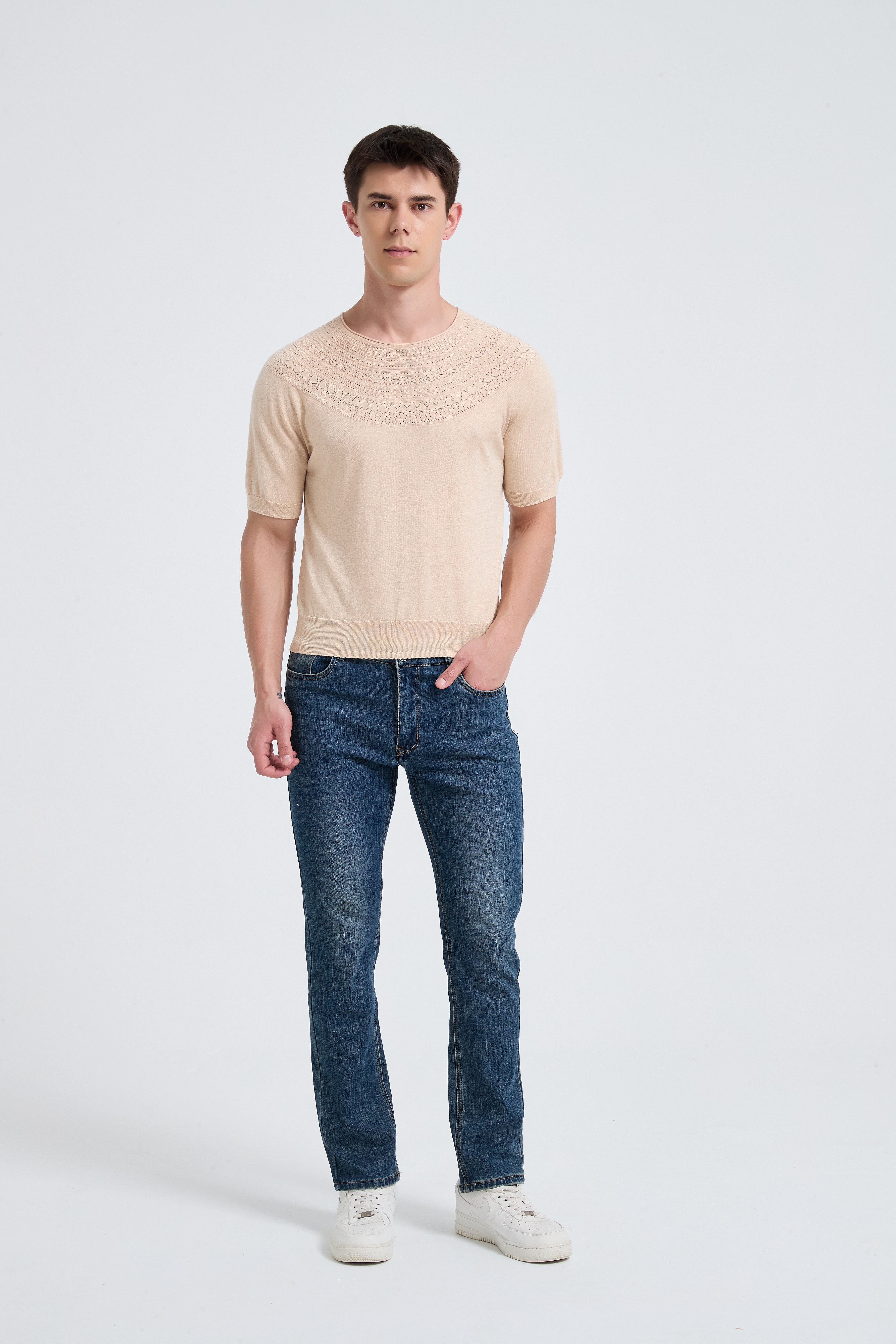 New Arrival Men's Crew Neck Hollow Pattern Worsted Silk Cashmere Sweater From Chinese Supplier