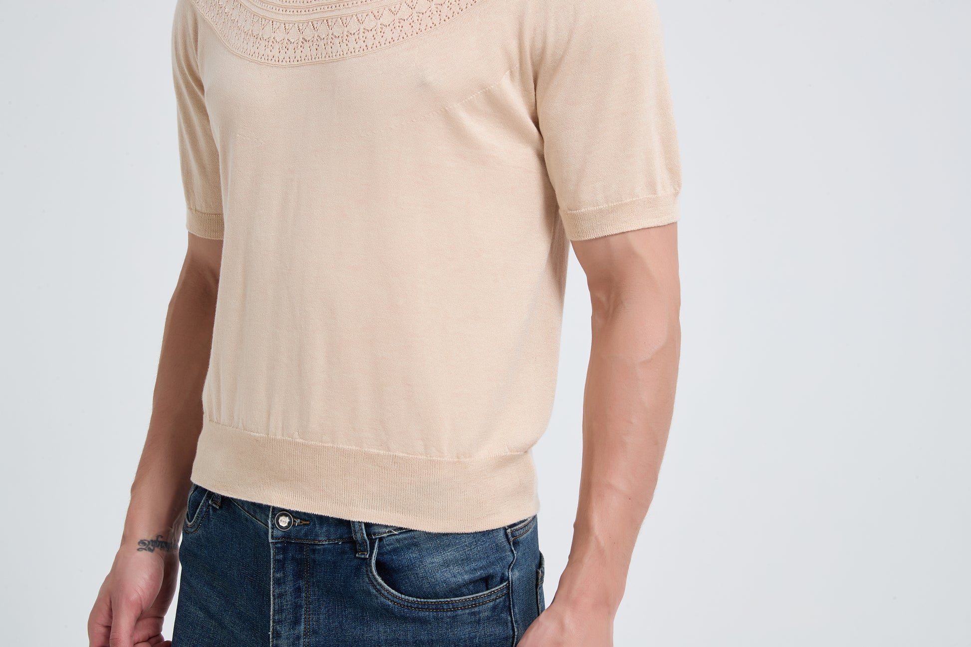 New Arrival Men's Crew Neck Hollow Pattern Worsted Silk Cashmere Sweater From Chinese Supplier