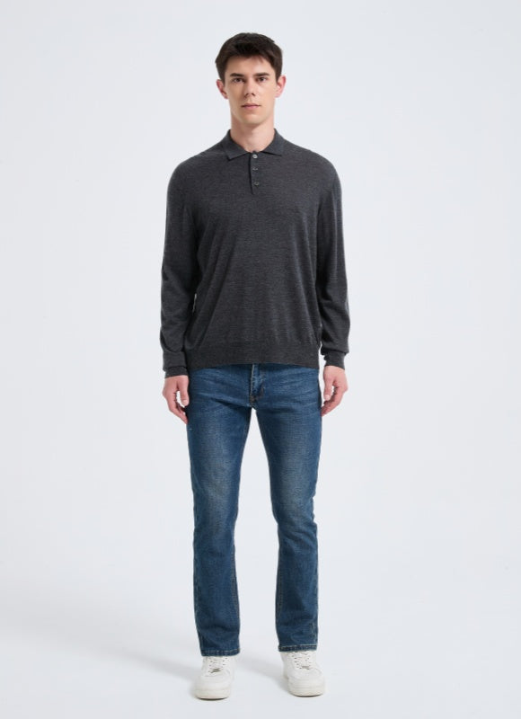 Custom Design Men's Charcoal Long Sleeve Worsted Silk Cashmere Polo Sweater From China