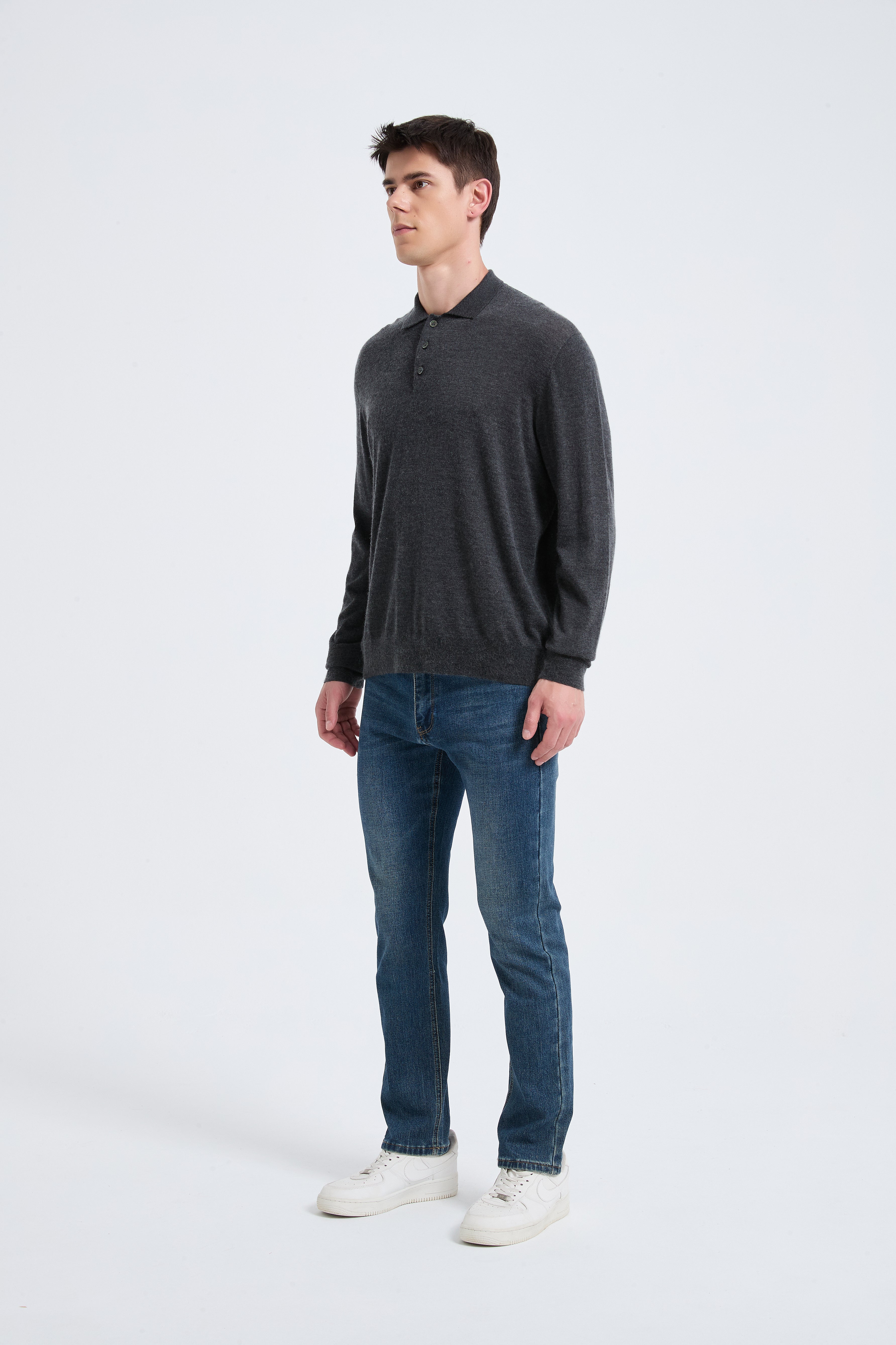 Custom Design Men's Charcoal Long Sleeve Worsted Silk Cashmere Polo Sweater From China