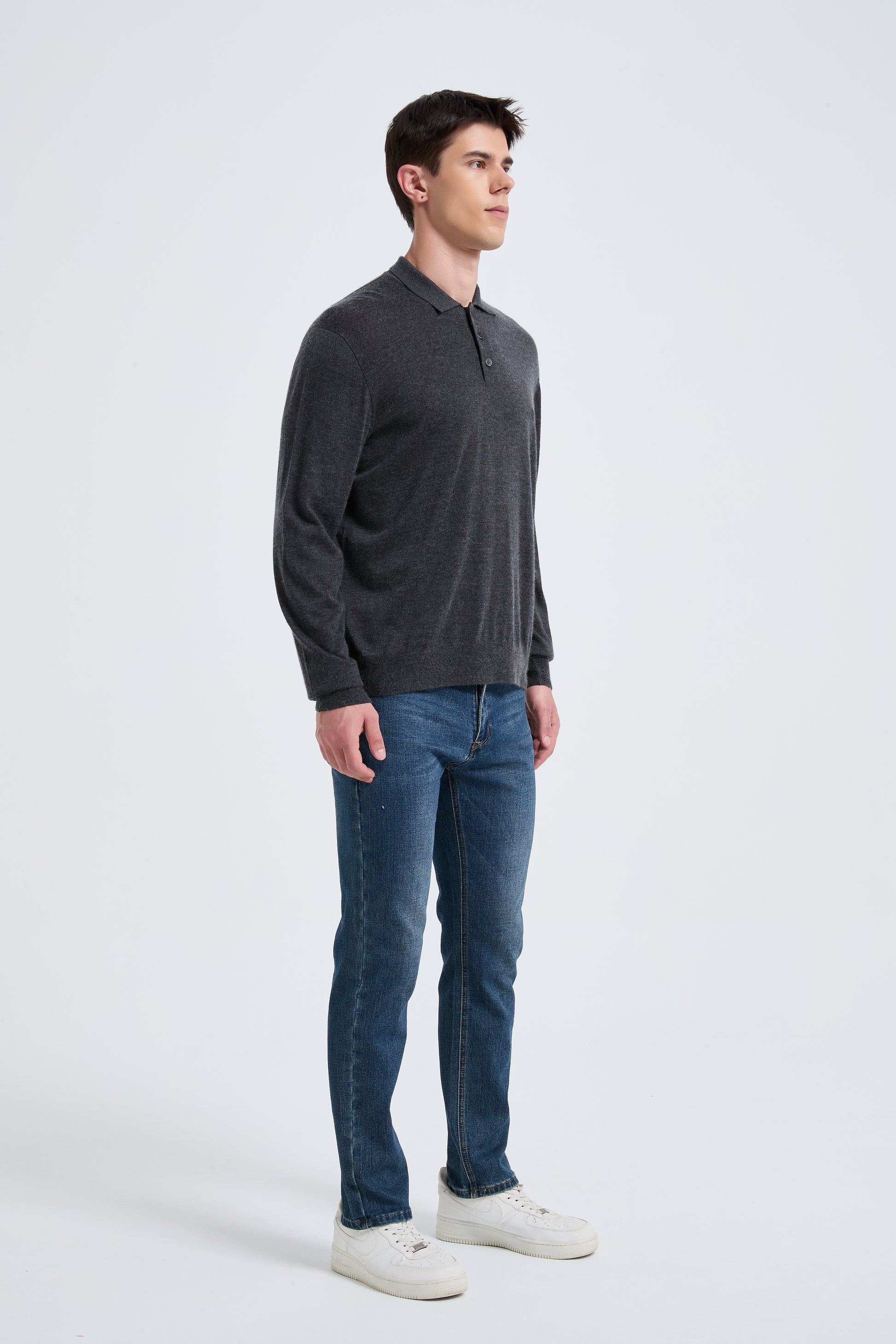 Custom Design Men's Charcoal Long Sleeve Worsted Silk Cashmere Polo Sweater From China