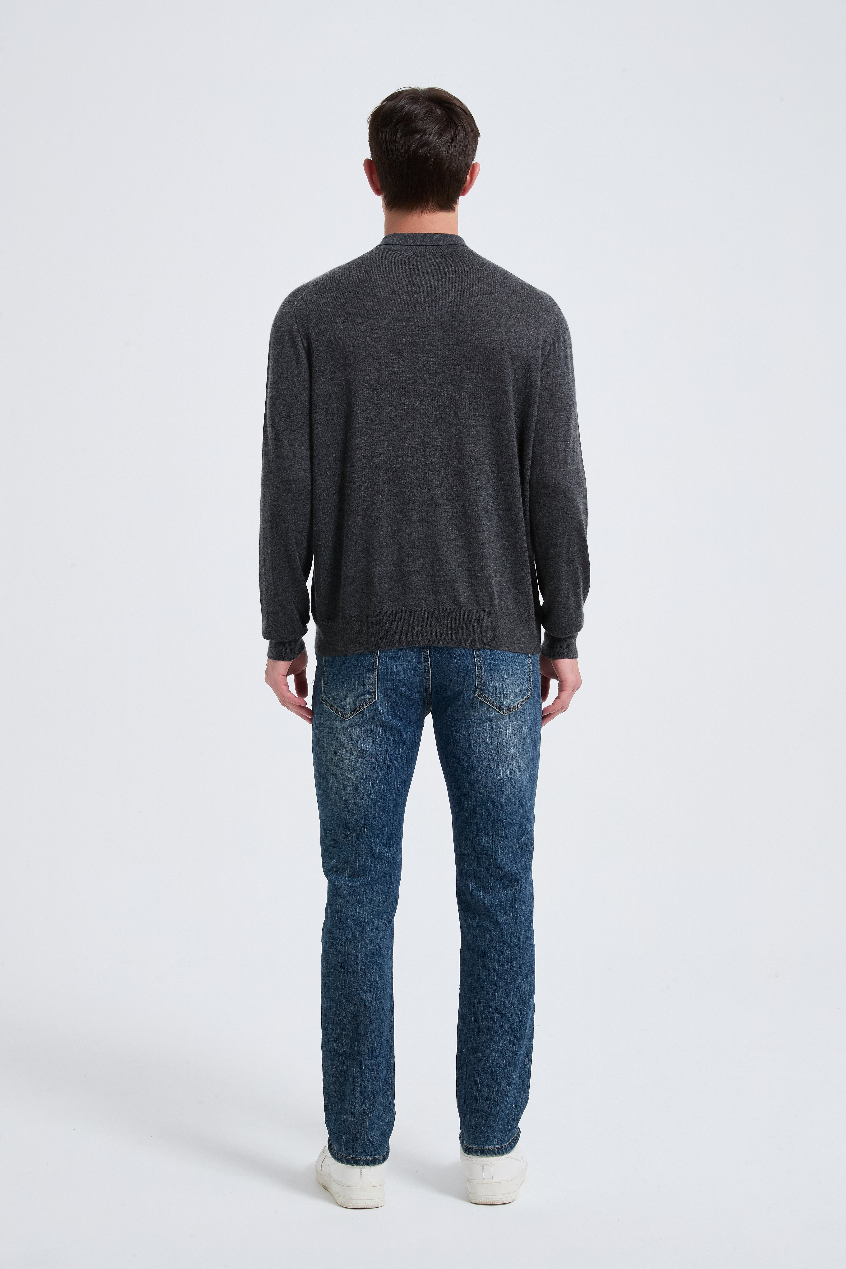 Custom Design Men's Charcoal Long Sleeve Worsted Silk Cashmere Polo Sweater From China