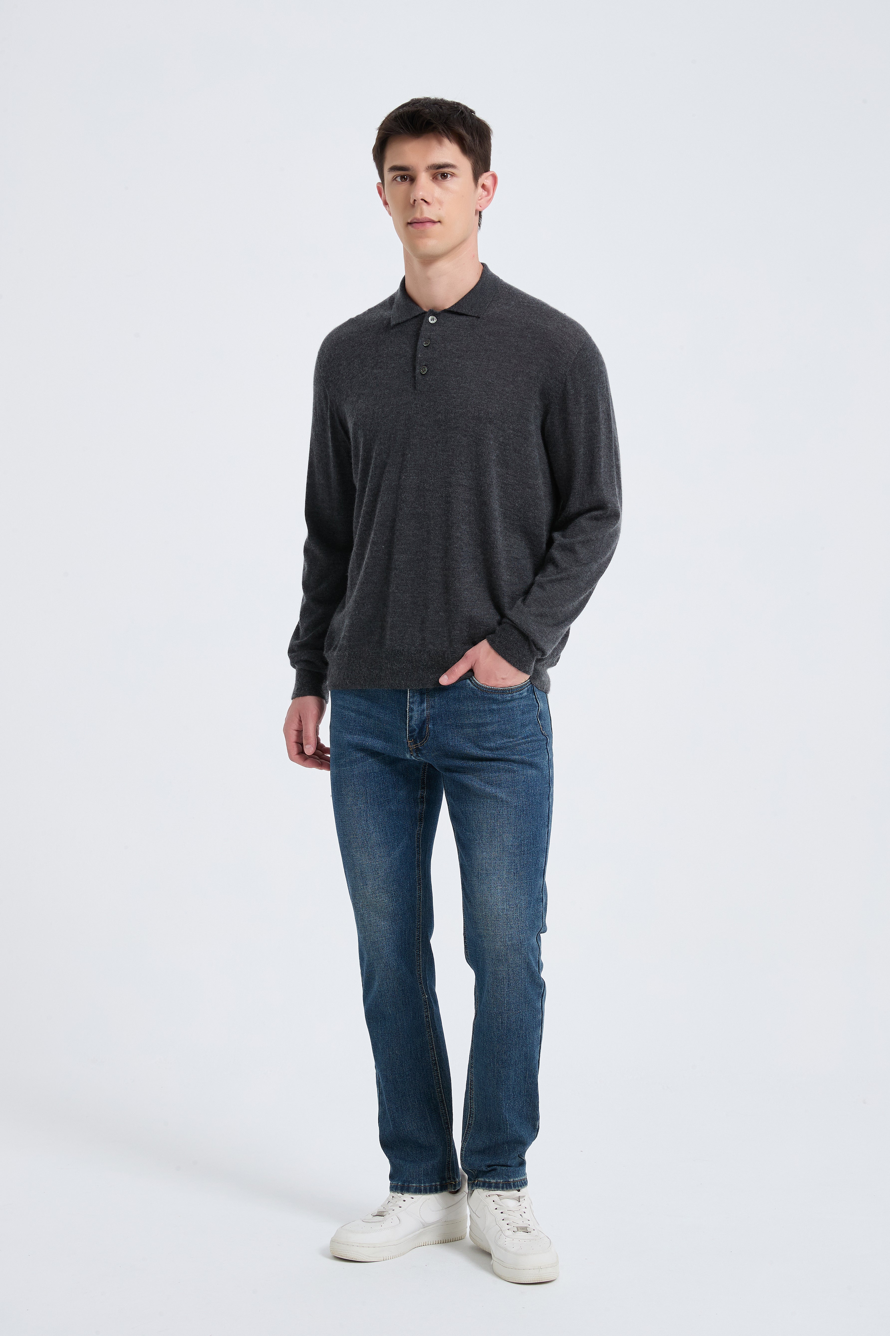 Custom Design Men's Charcoal Long Sleeve Worsted Silk Cashmere Polo Sweater From China