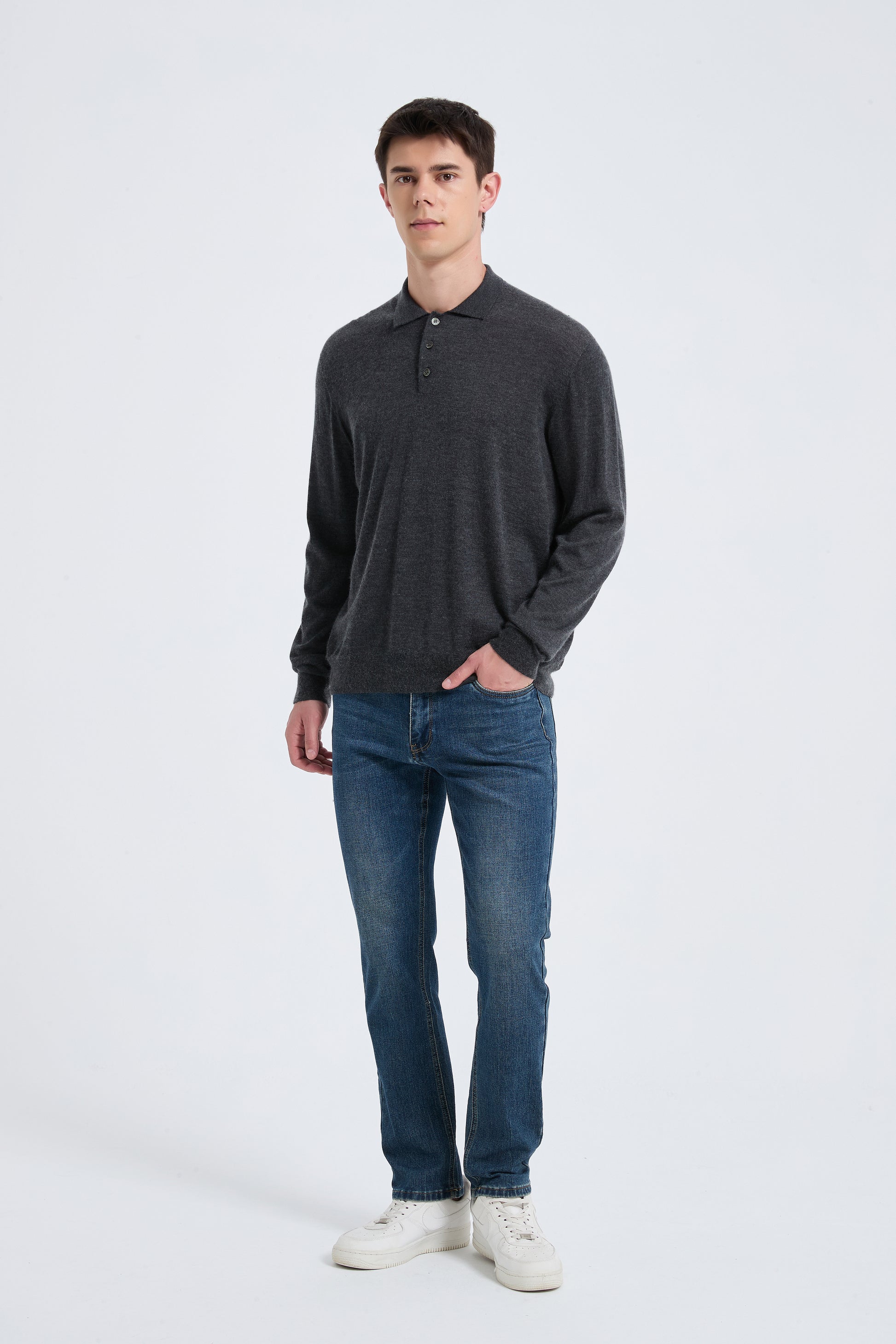 Custom Design Men's Charcoal Long Sleeve Worsted Silk Cashmere Polo Sweater From China