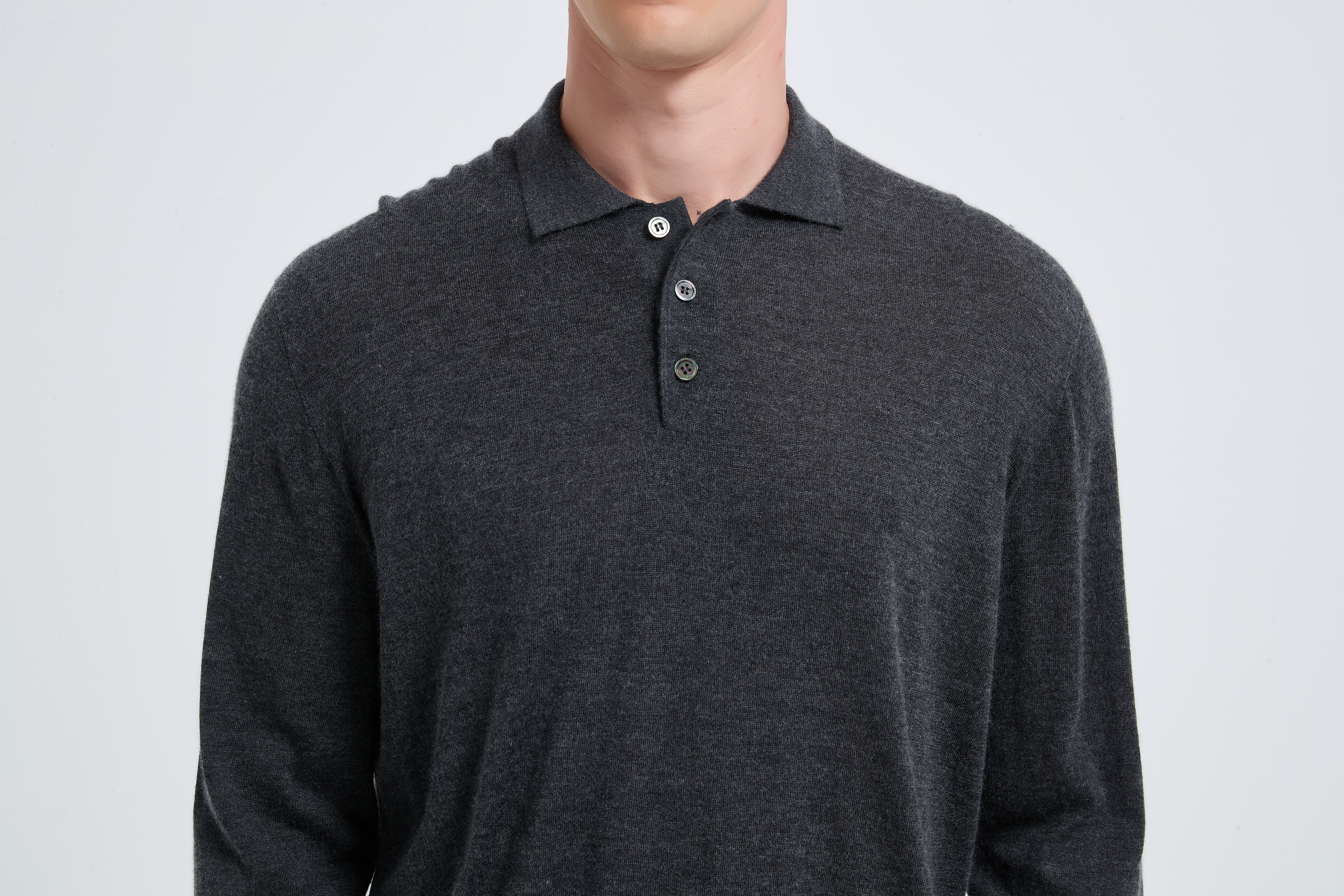 Custom Design Men's Charcoal Long Sleeve Worsted Silk Cashmere Polo Sweater From China
