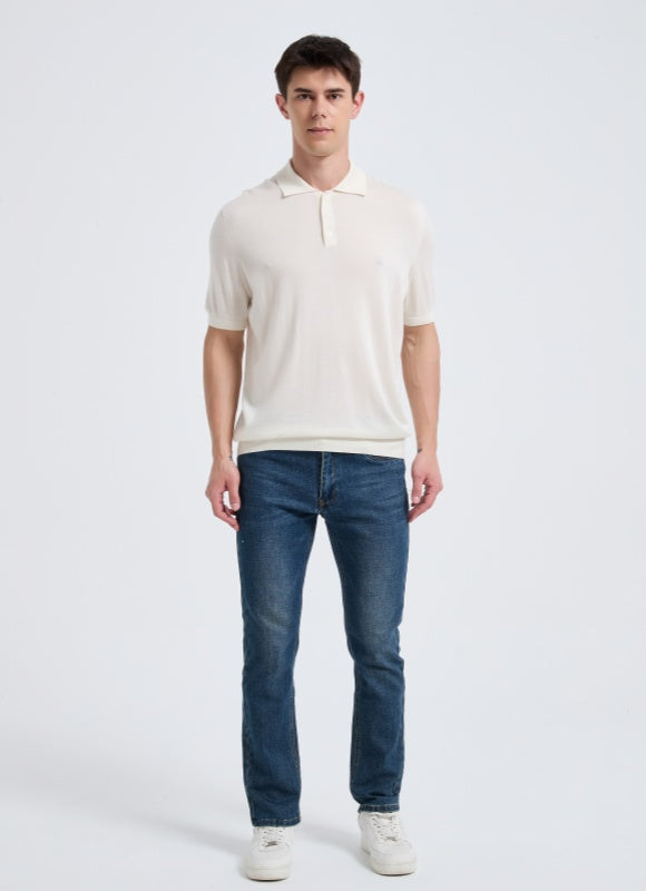 Wholesale Men's White Short Sleeve Worsted Silk Cashmere Polo Shirt From Chinese Manufacturer