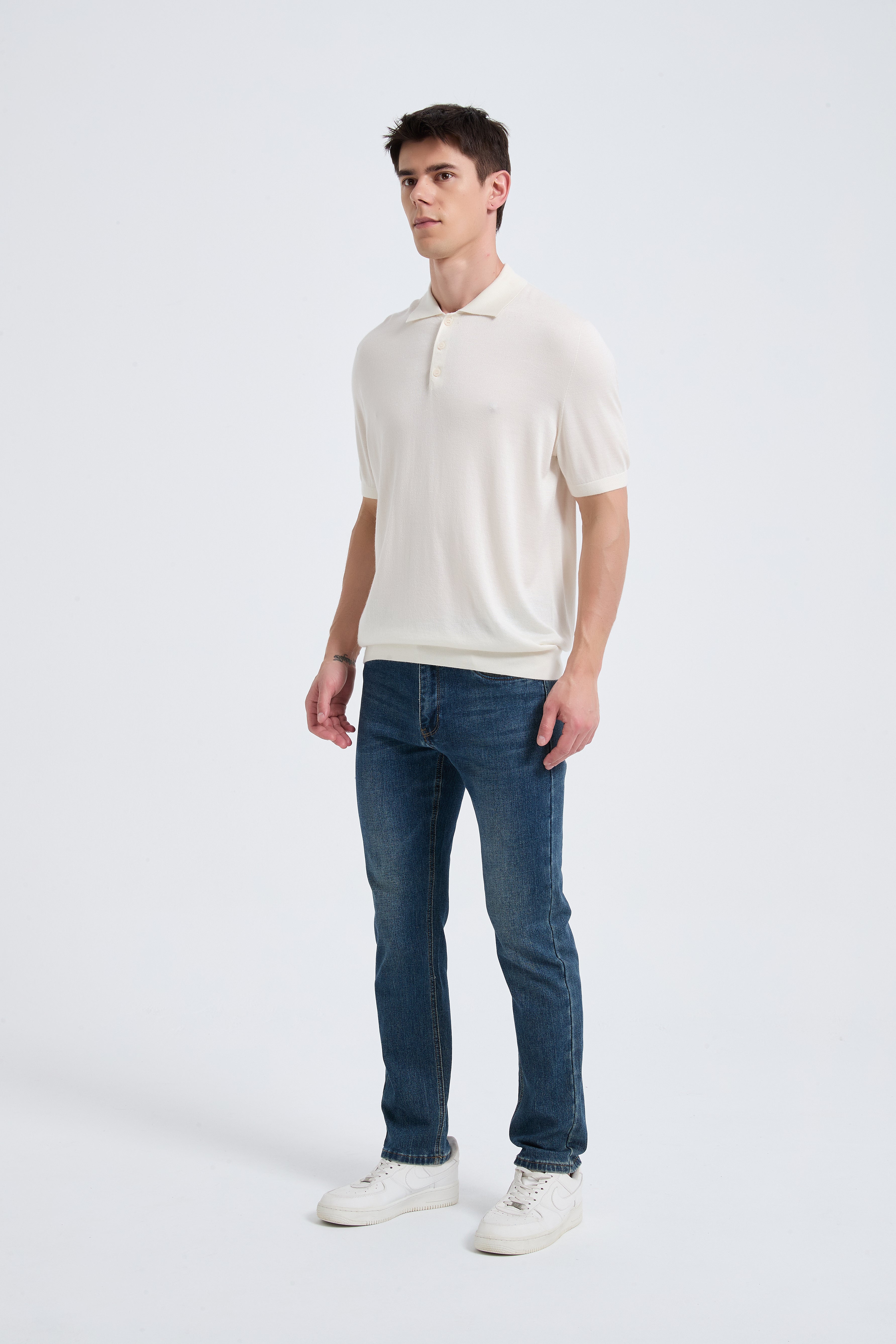 Wholesale Men's White Short Sleeve Worsted Silk Cashmere Polo Shirt From Chinese Manufacturer