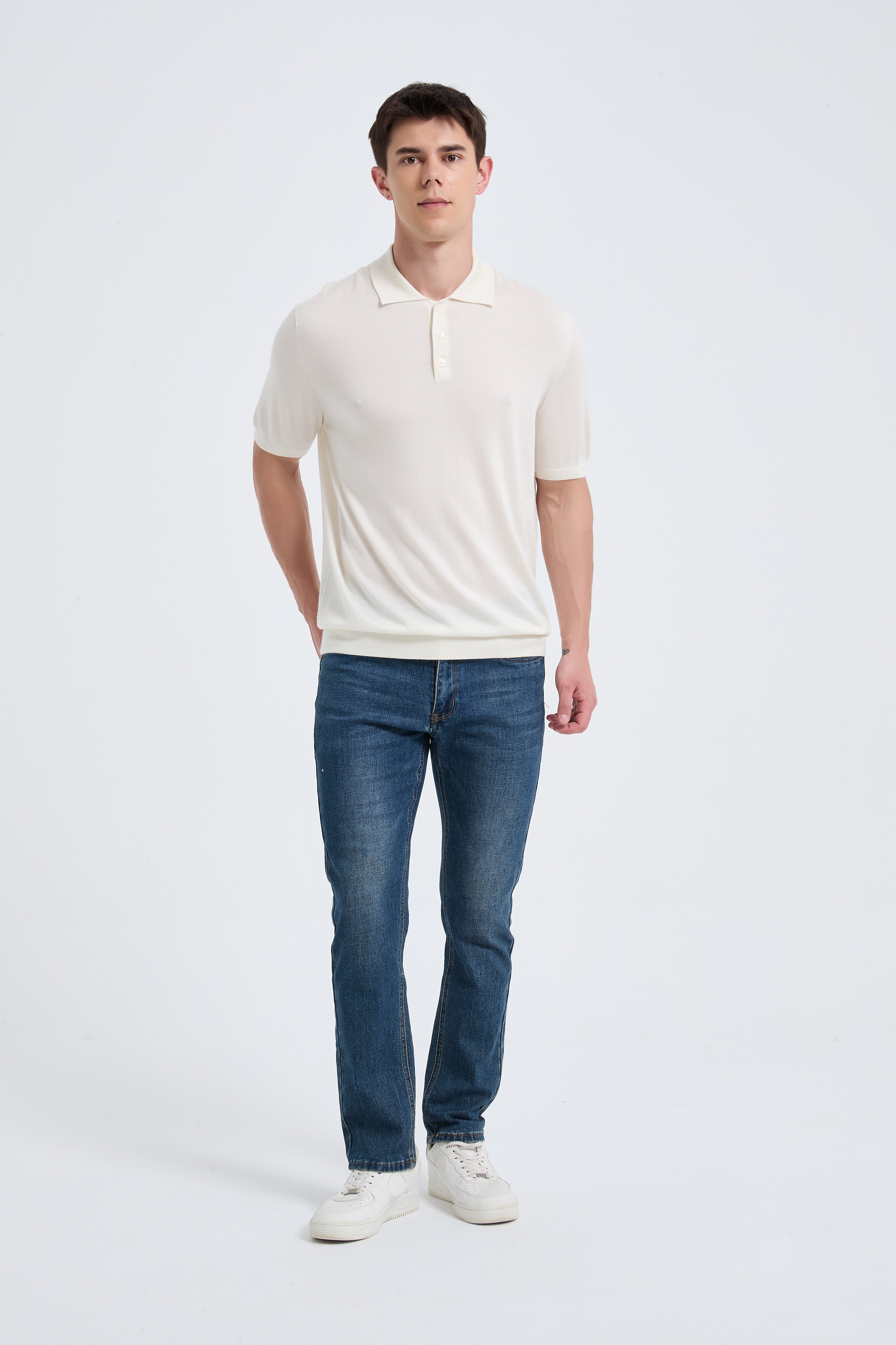 Wholesale Men's White Short Sleeve Worsted Silk Cashmere Polo Shirt From Chinese Manufacturer